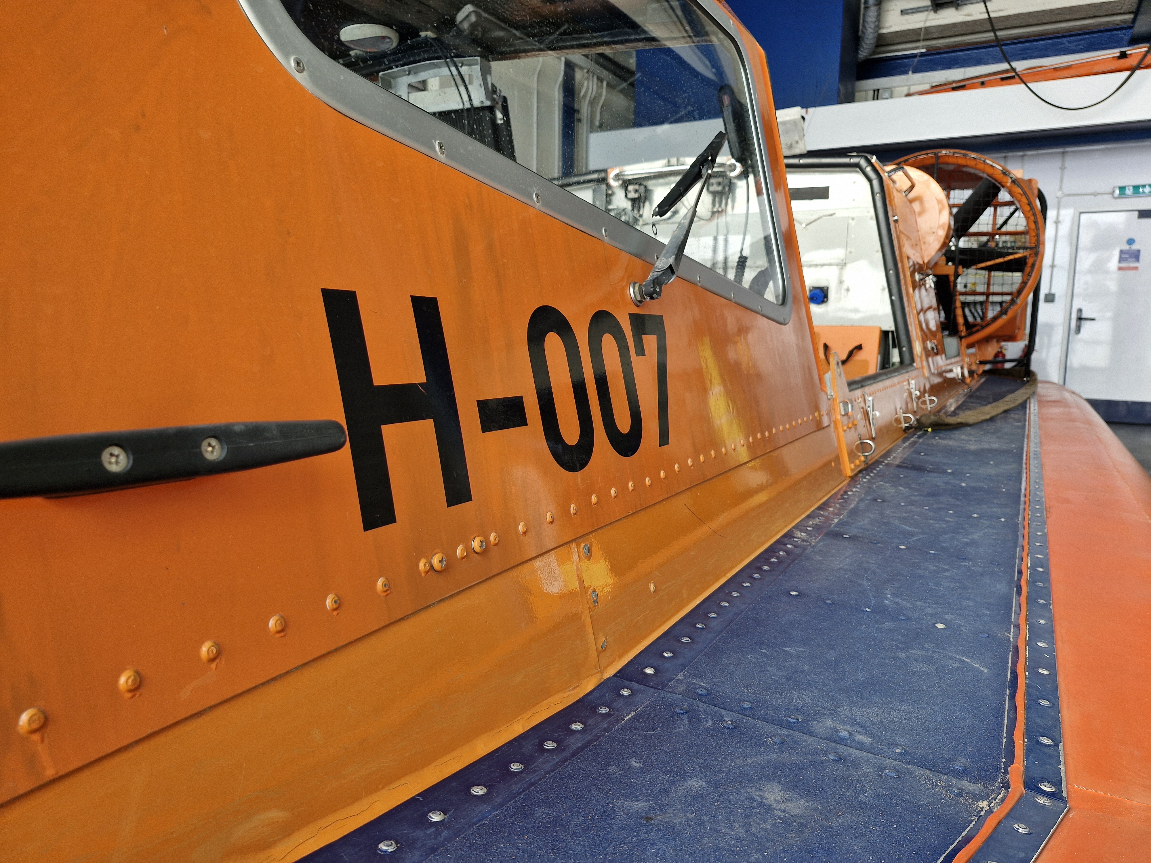 RNLI inshore rescue hovercraft H-007 SAMBURGH in the boathouse