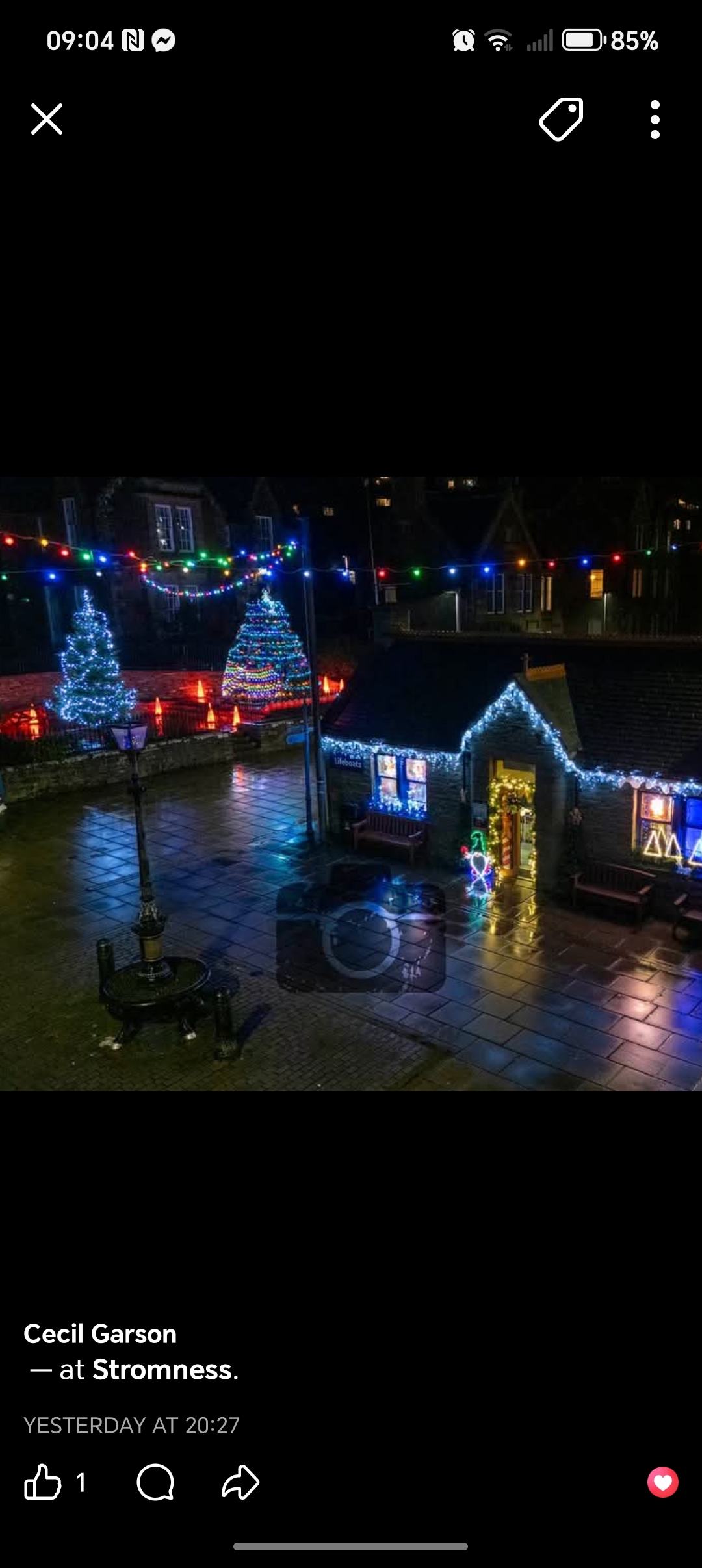 A night view, from on high of Stromness Lifeboat Station showing two, illuminated trees