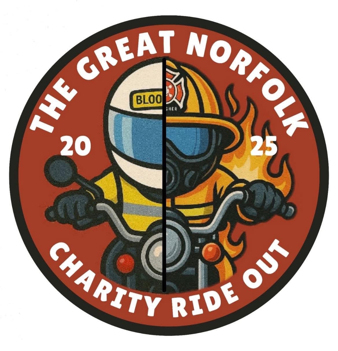 Logo with Firefighter and Blood biker half on motor bike with the words The great Norfolk charity ride out 2025