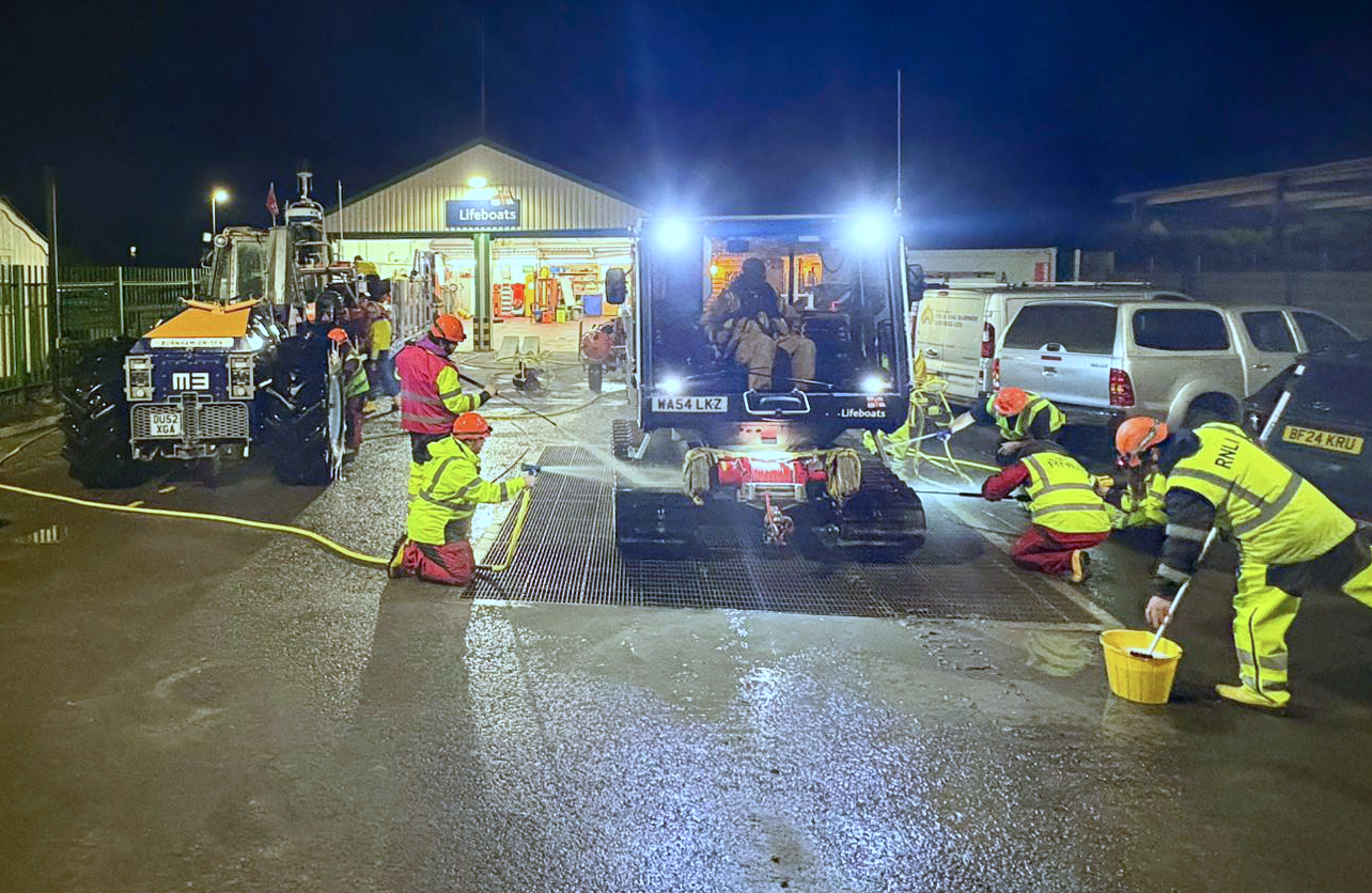 Burnham-on-Sea lifeboats and launch equipment being washed down and made ready for service.