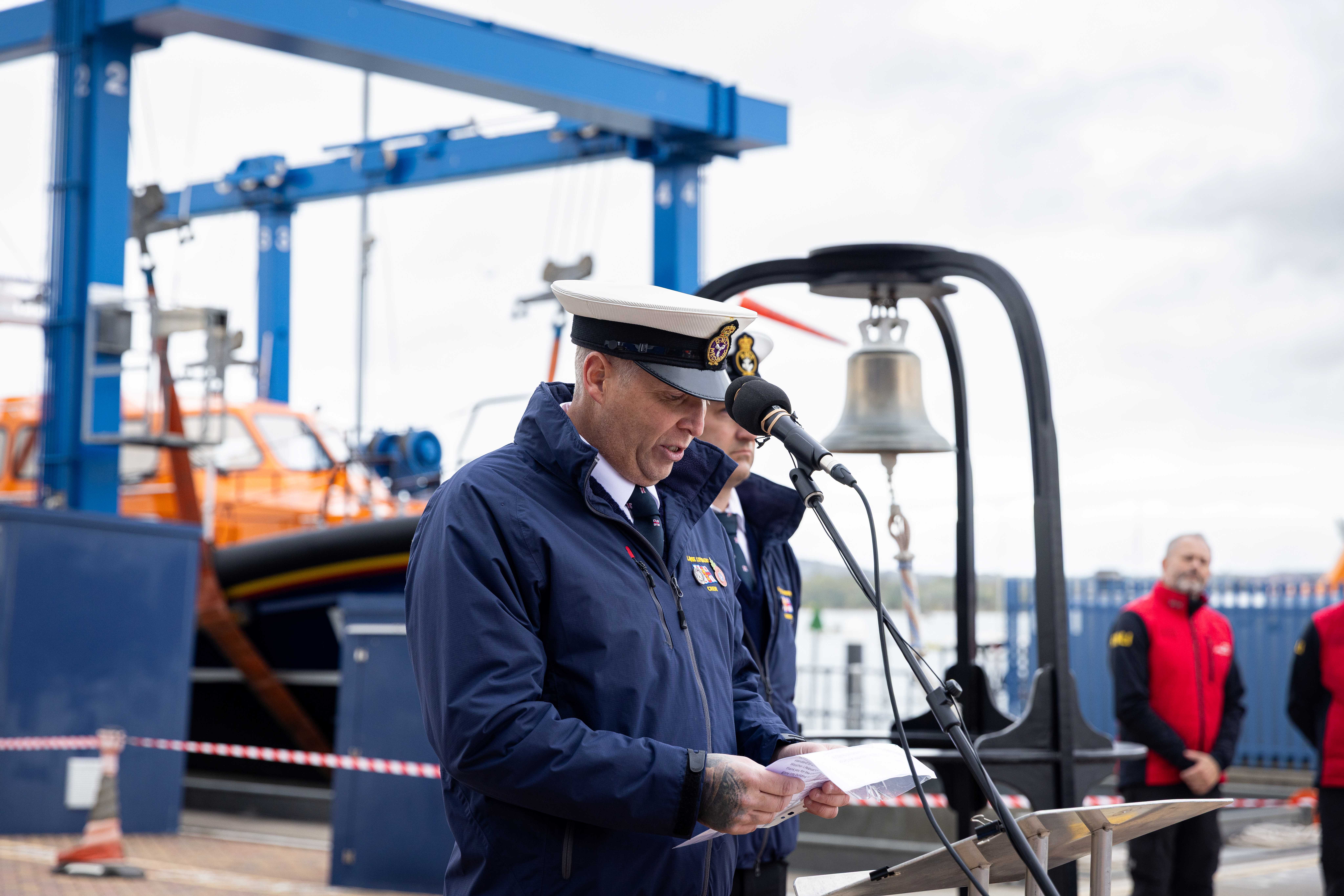 Derek Rea, Larne RNLI Senior Station Technician speaking at the ceremony