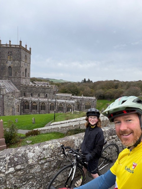 Henry and Hugh Warwick overlooking St David's cathedral on their way to St Davids lifeboat station.