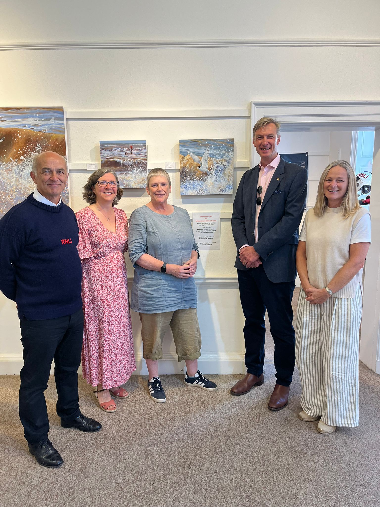 l-r Southwold RNLI Operations Manager, Simon Hazelgrove, Buckenham Gallery Manager, Fiona Cooper, Artist Kate Batchelor, RNLI Chief Executive, Peter Sparkes, Karen Sparkes