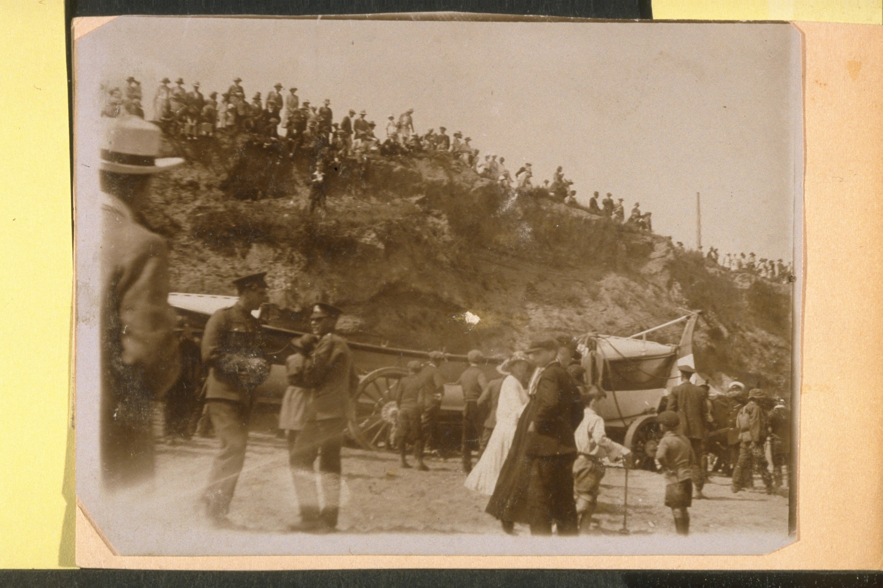 Happisburgh lifeboat launching with people watching from the cliff black and white photograph