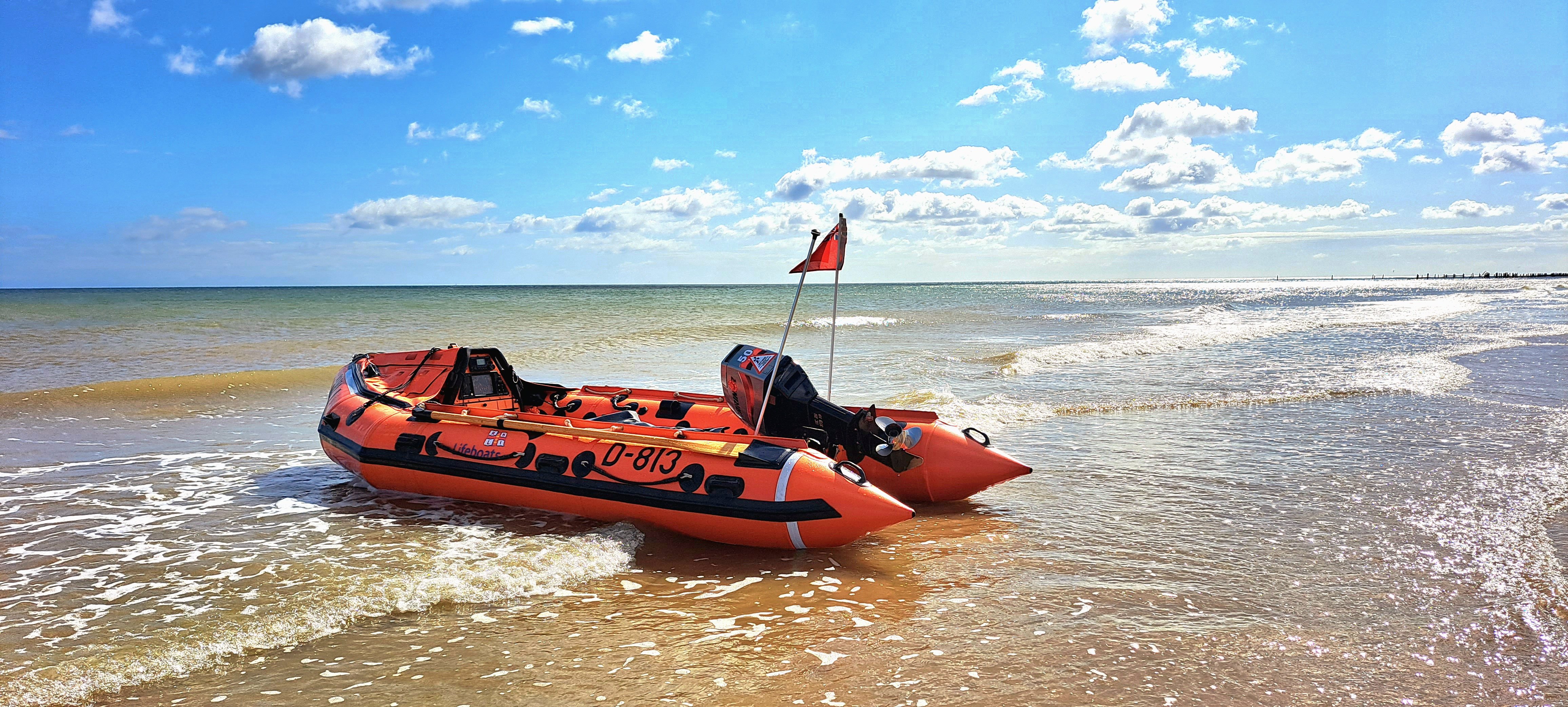 Happiburgh RNLI D class lifeboat on shoreline blue skies and calm seas