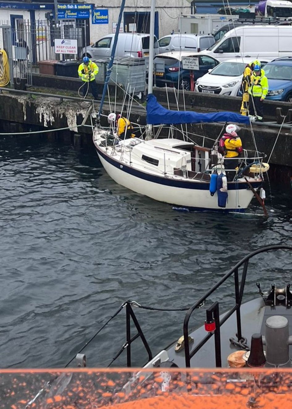 The stricken yacht safely moored alongside Portree pier