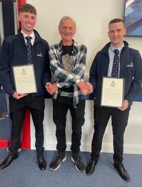 Crew members JJ O’Donnell and Evan O’Donnell were awarded commendations from the RNLI in recognition for their part in the rescue of Malachy Doyle, also pictured.