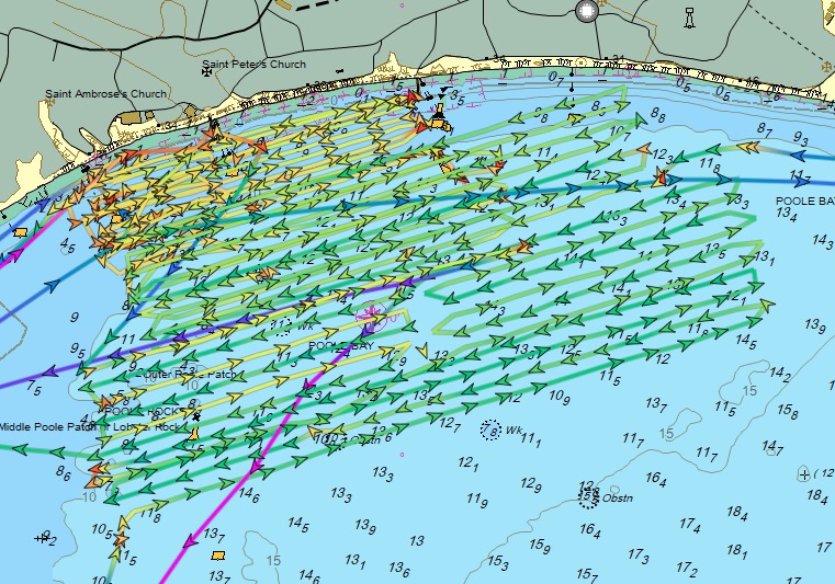 Search pattern showing coverage by four lifeboats.