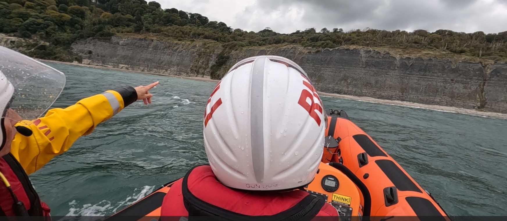 Lifeboat crew pointing to the location of the dog on the cliff face