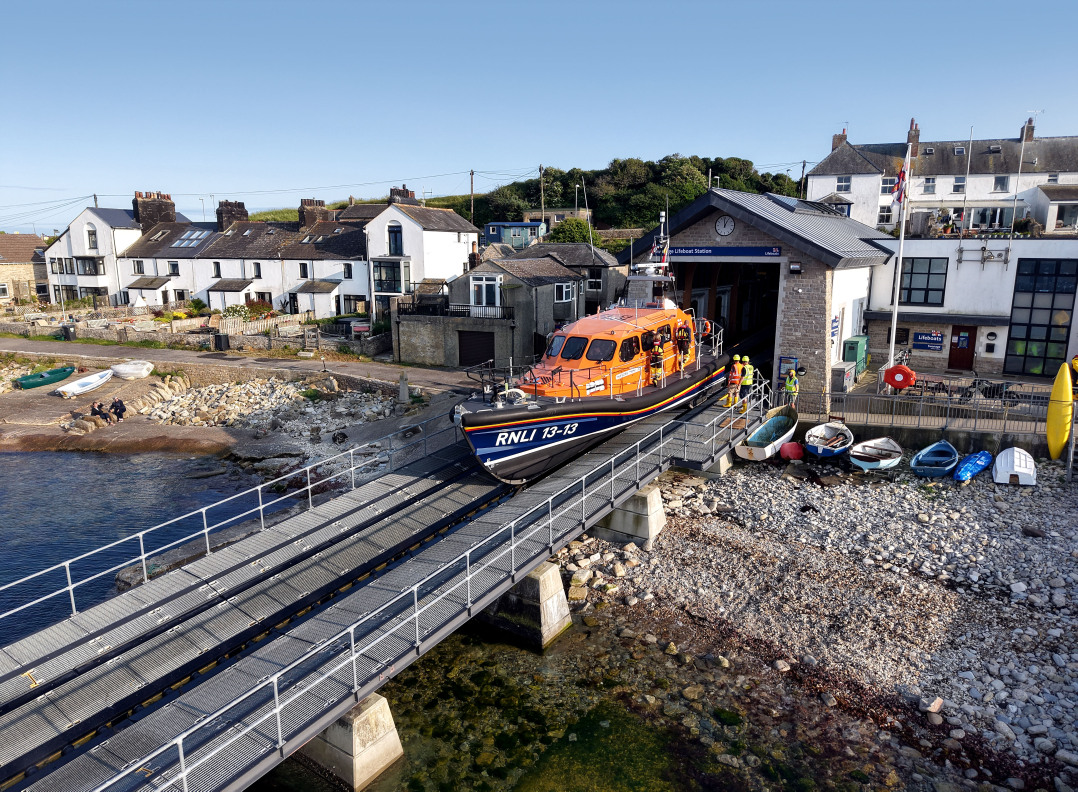 Swanage all weather lifeboat, George Thomas Lacy, at the top of the slipway at Swanage RNLI lifeboat station