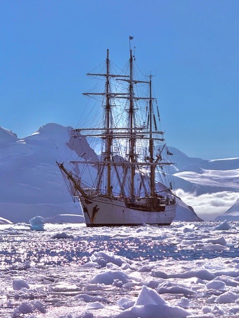The square rigger Bark Europa in Antarctica. 