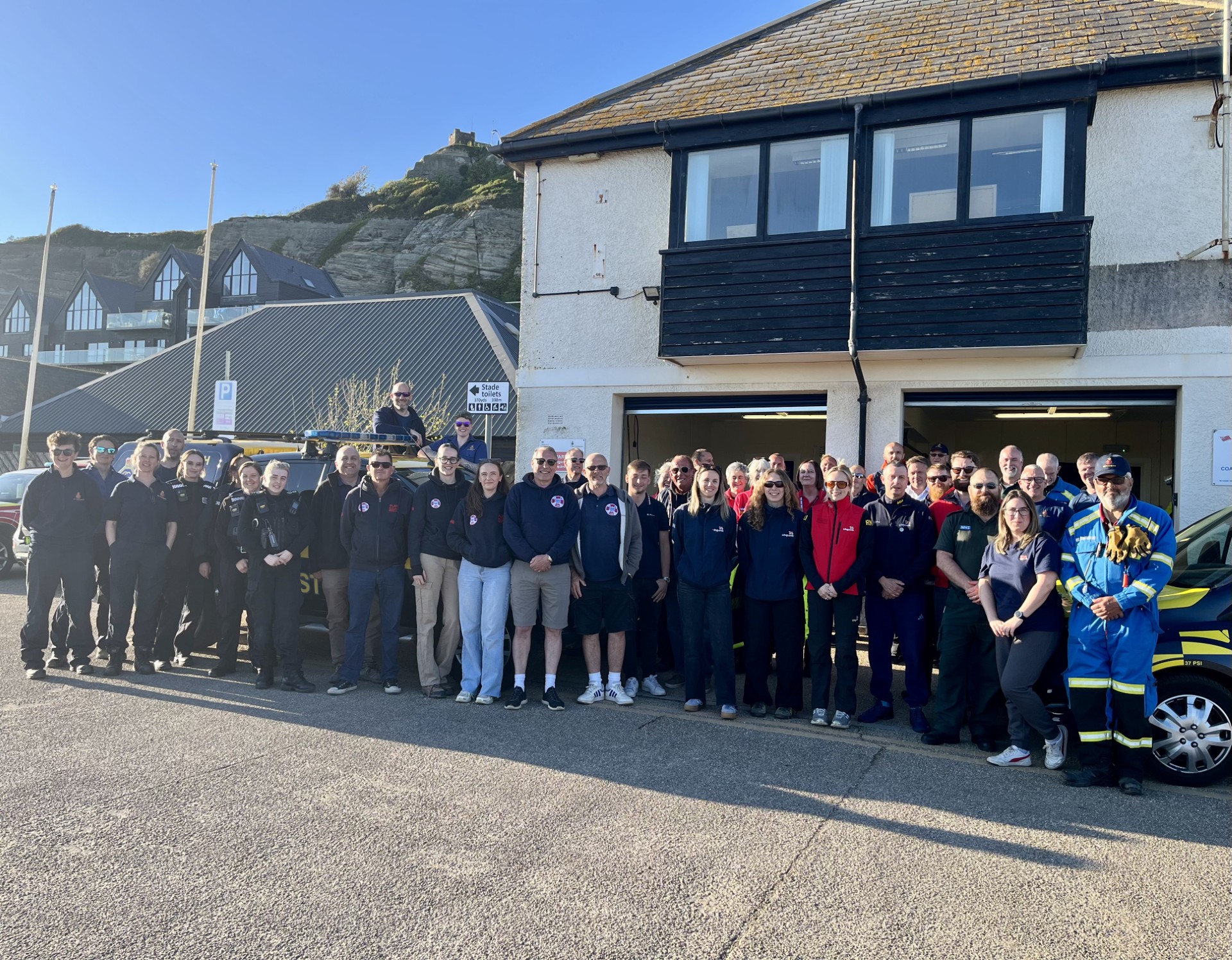 Rescue team gathered in front of coastguard station