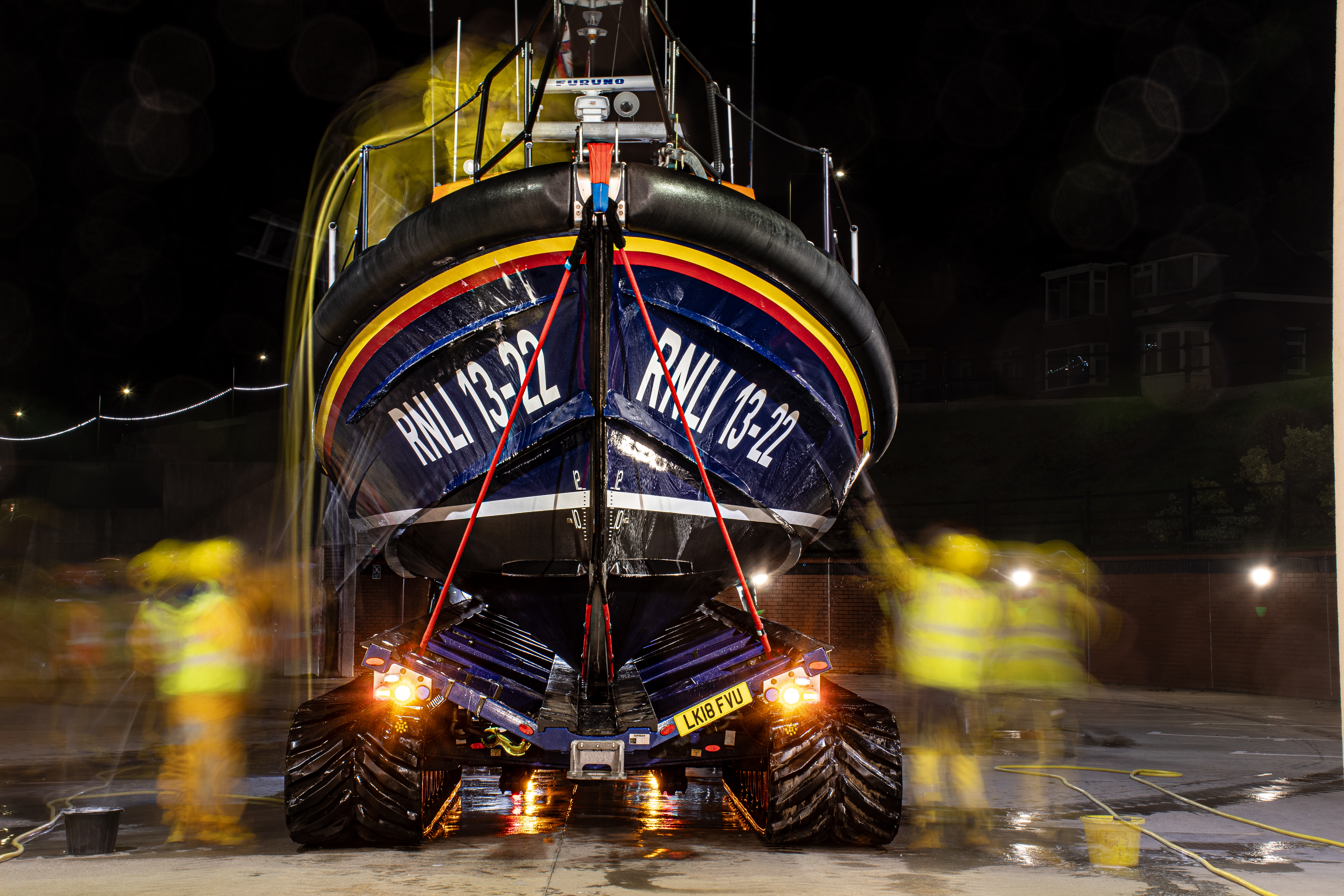 Bridlington RNLI all-weather Lifeboat washdown after recovery.