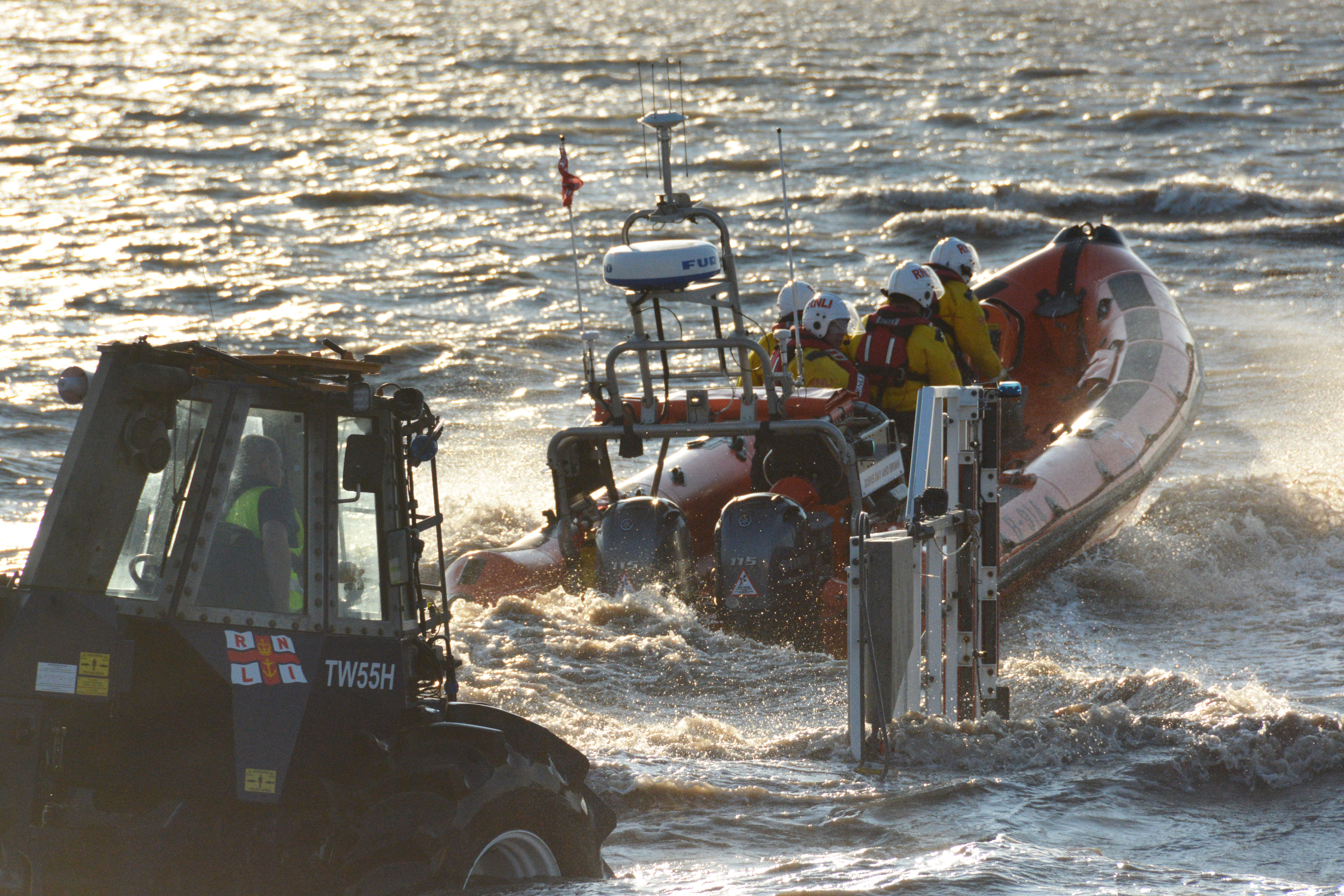 Burnham's Atlantic 85 lifeboat launching from the slipway