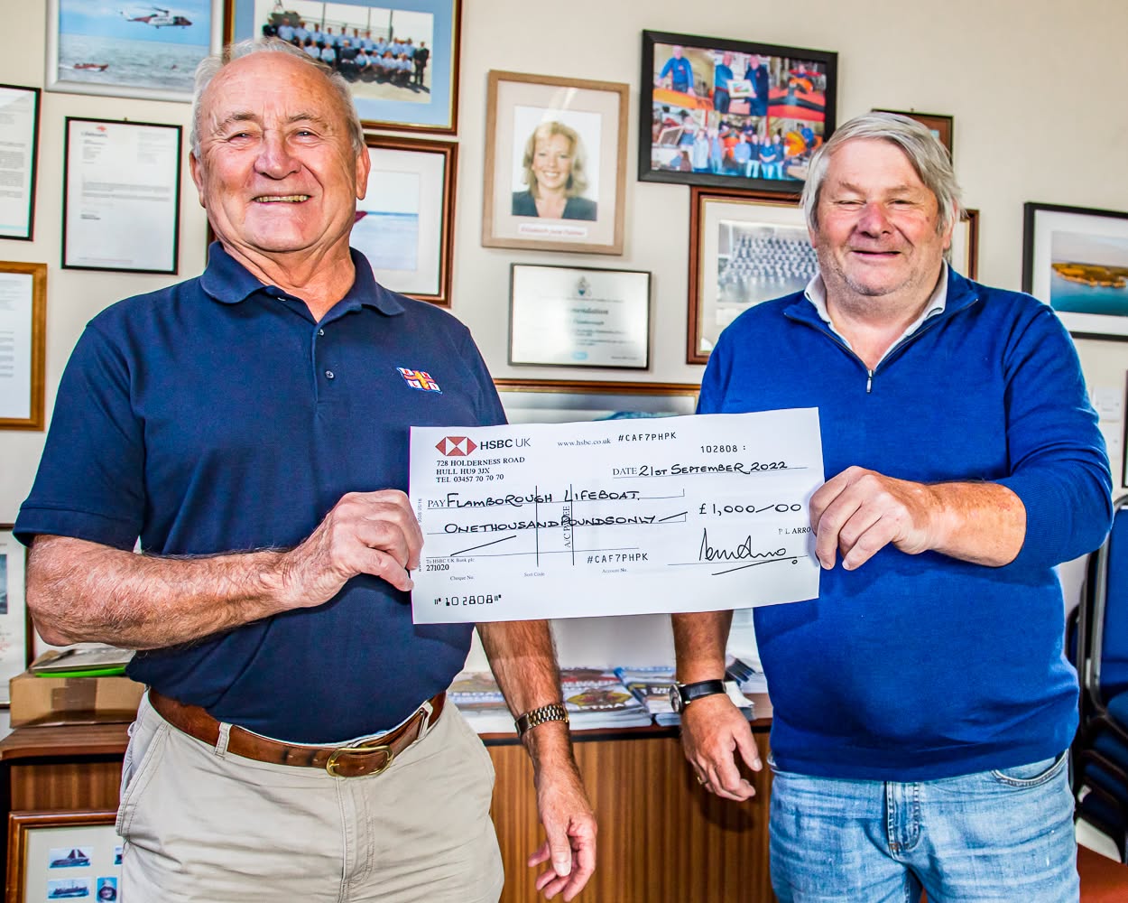 Paul presenting check to Flamborough RNLI