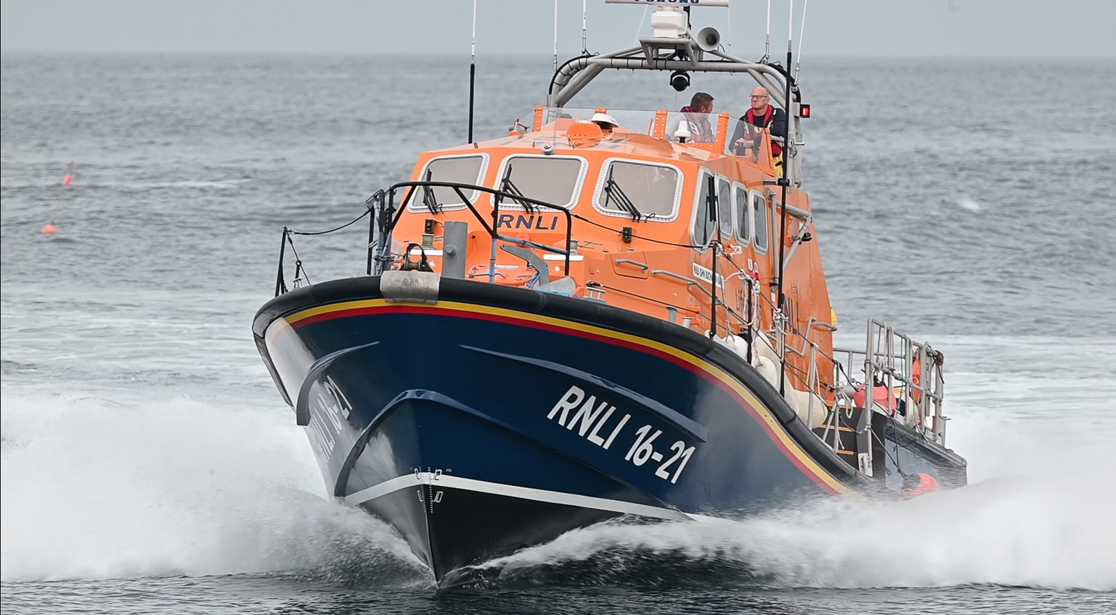Close up view of Fraserburgh RNLI ALB 16-21 John Buchanan Barr returning to harbour.
