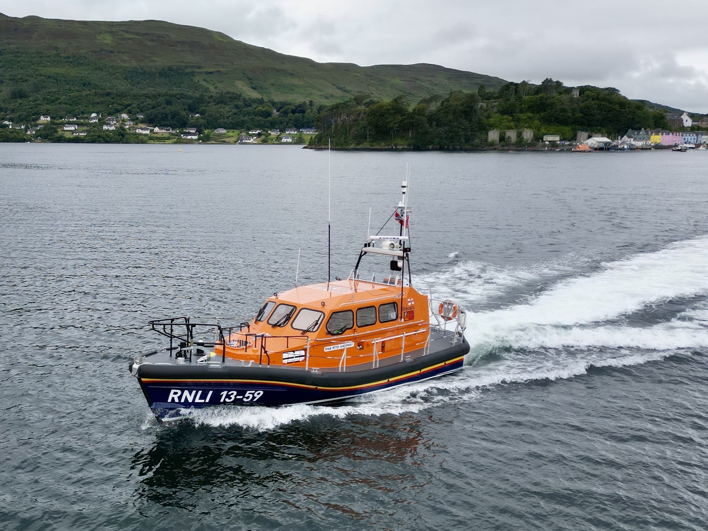 The brand new Portree lifeboat Peter and Mary pictured at sea.