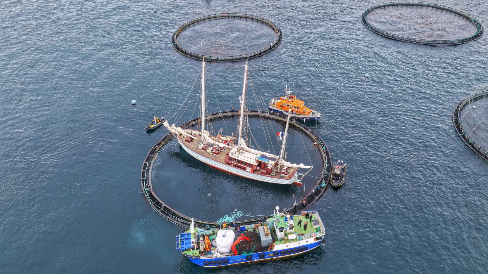 An overhead image of the vessels at the scene at the fish farm