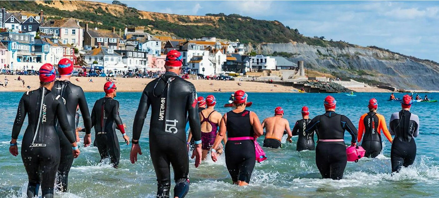 Group of swimmers entering the water at Lyme Regis
