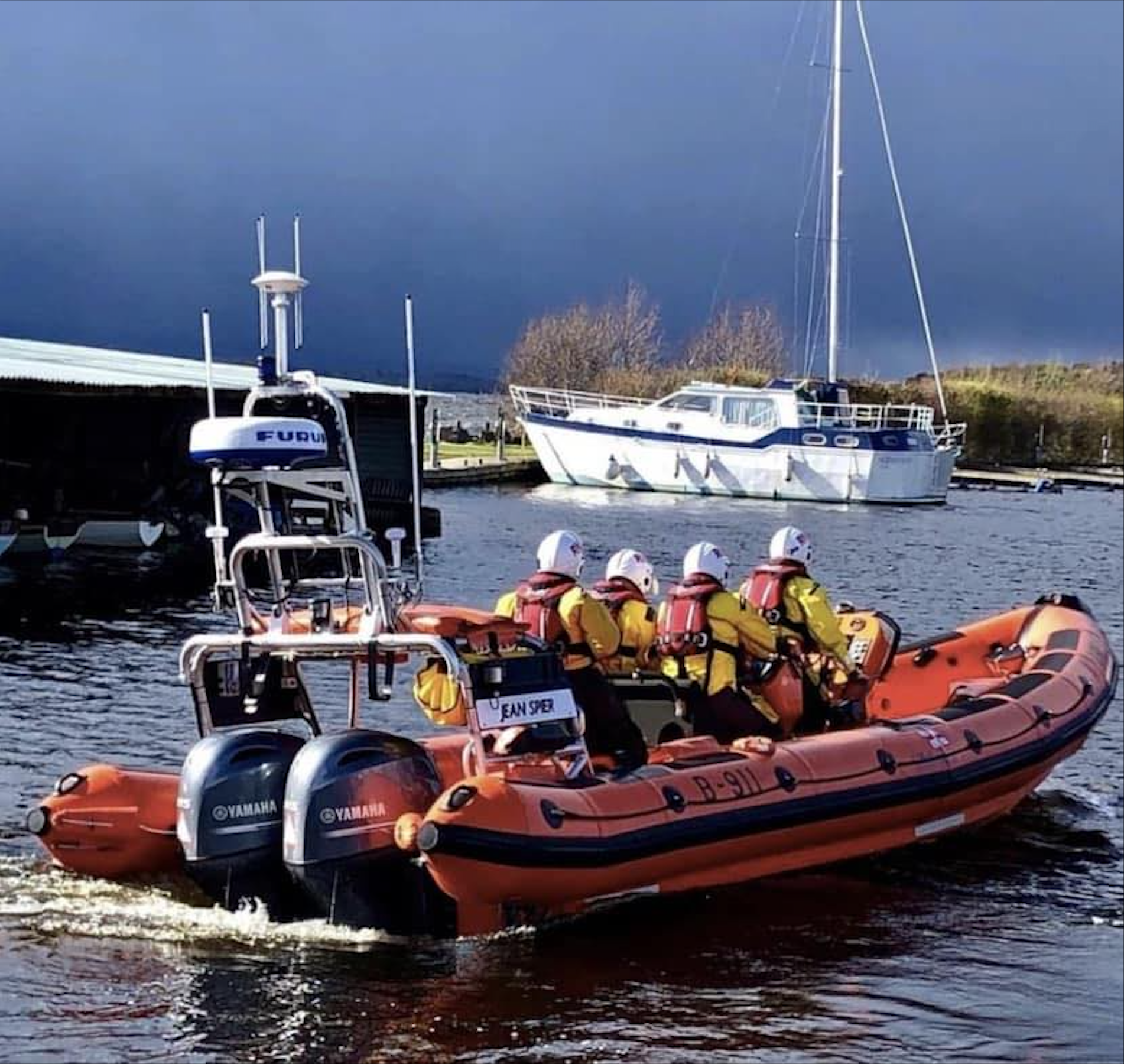 View of Lough Derg RNLI Lifeboat from the starboard side, 4 crew on board. Archive photograph