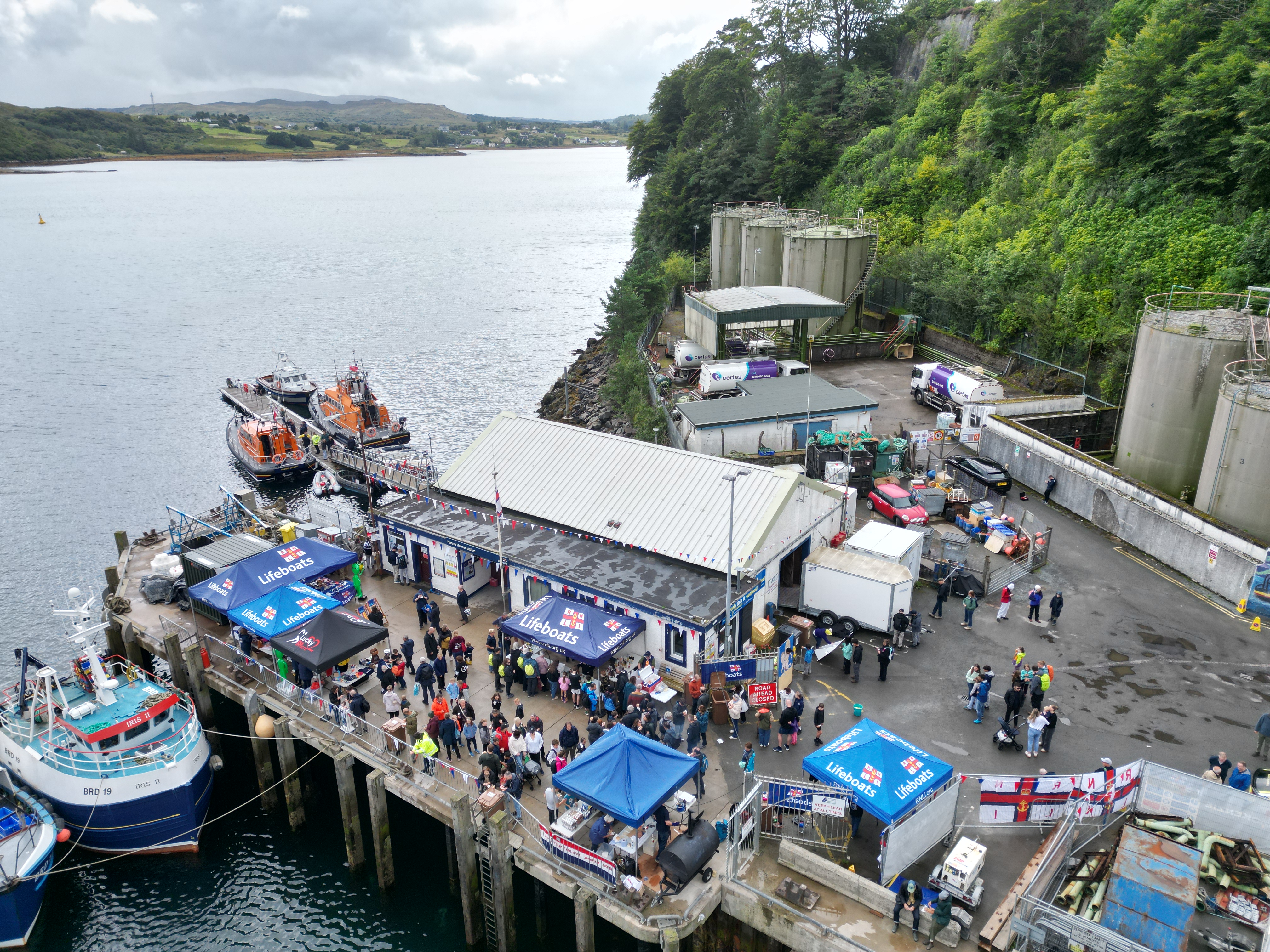 An aerial view of the Portree RNLI Open Day on the pier in Portree.