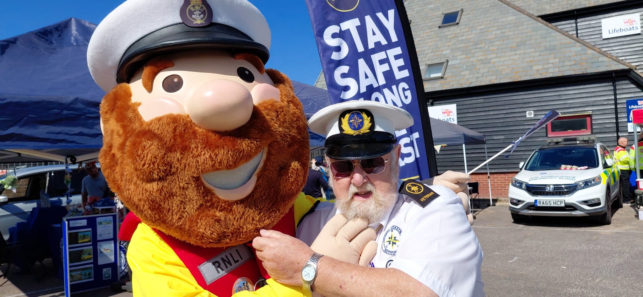 Stormy Stan and Mike Moroney of NCI Whitstable compare beards during Emergency Day at Whitstable RNLI.