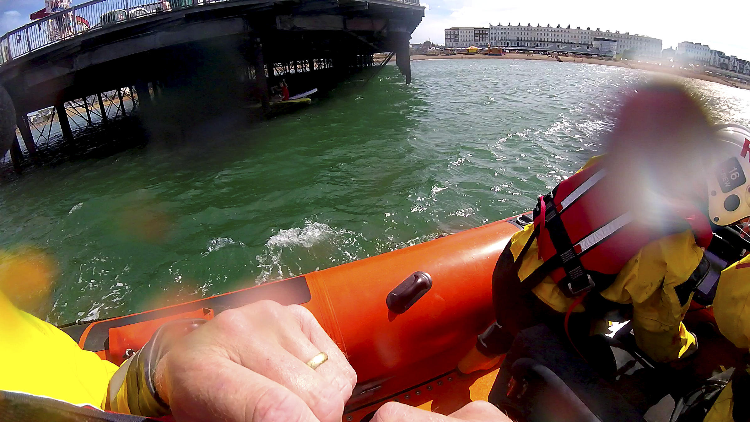Whitstable lifeboat approaches the casualties and the Herne Bay Lifeguard after two paddle boarders got into difficulties under Herne Bay Pier on Friday.