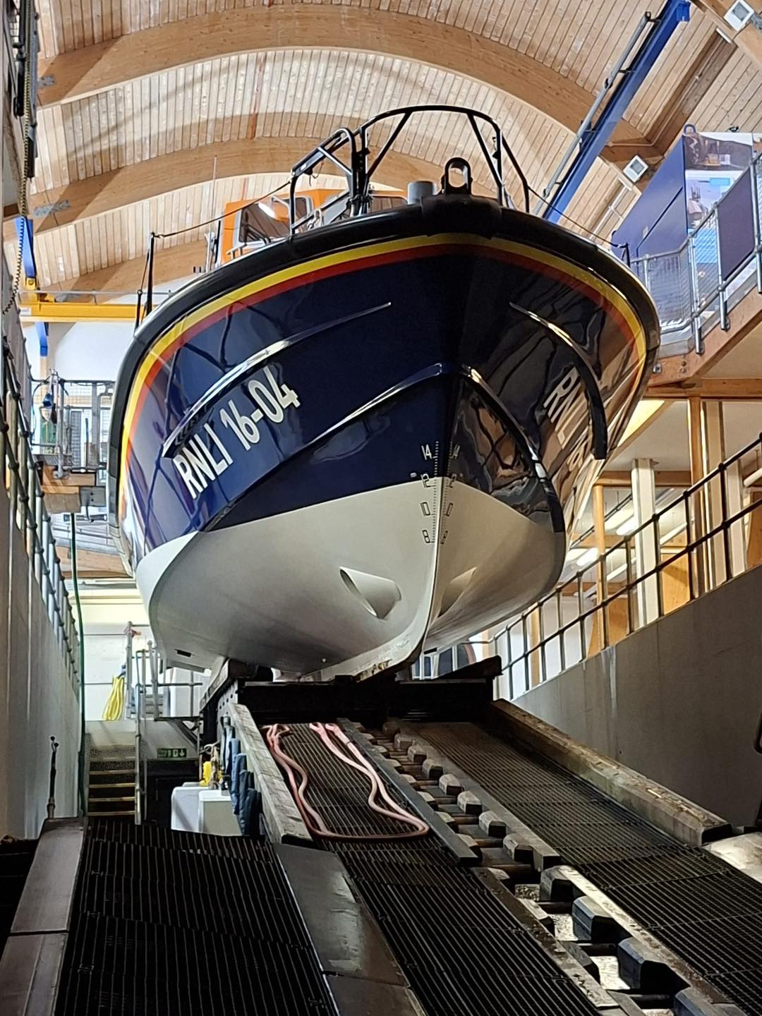 View of Padstow RNLI Lifeboat inside the boat house