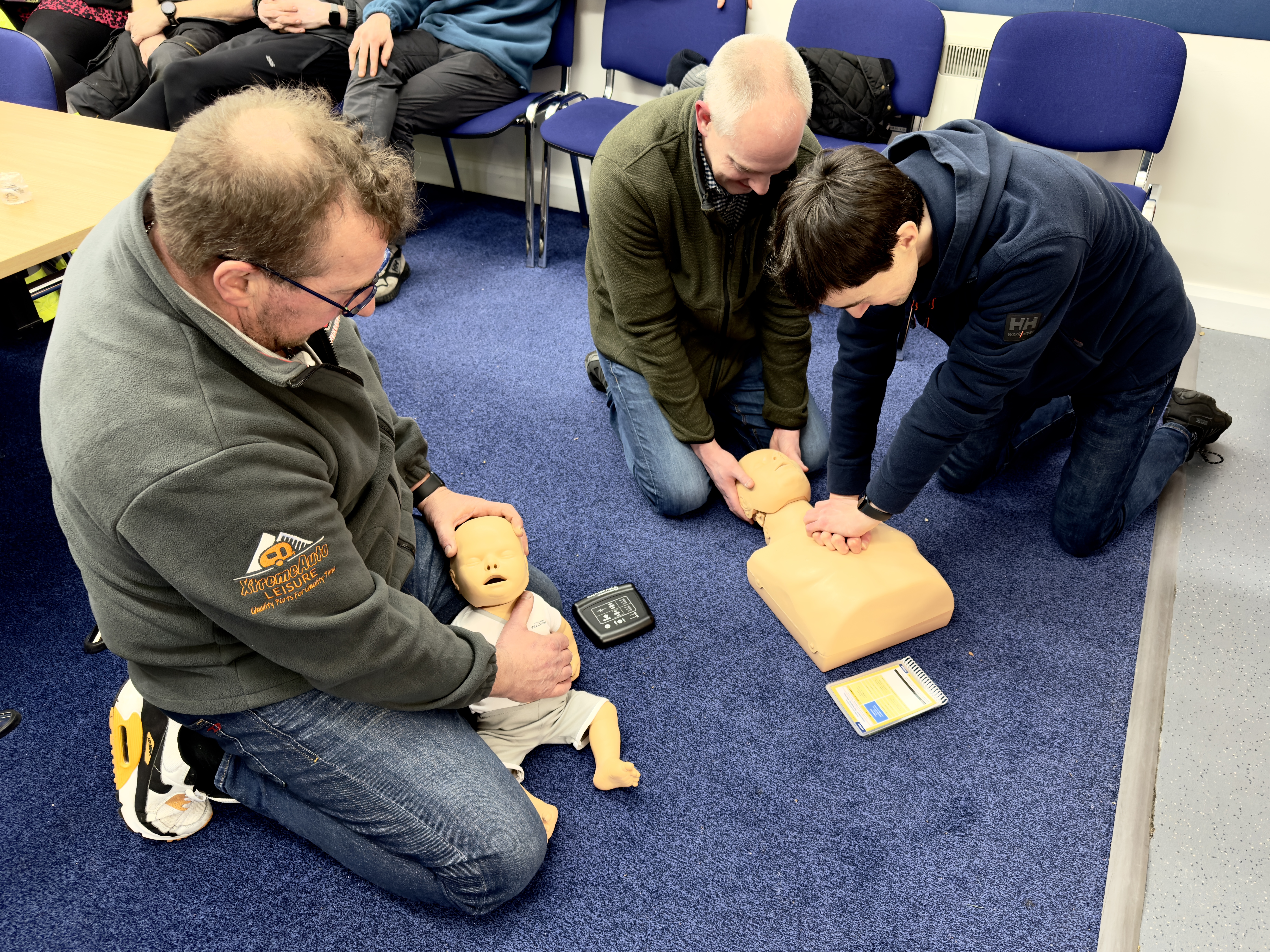 Three Carrybridge RNLI crew members using new manikins paid for by a local donation as part of Casualty Care training..