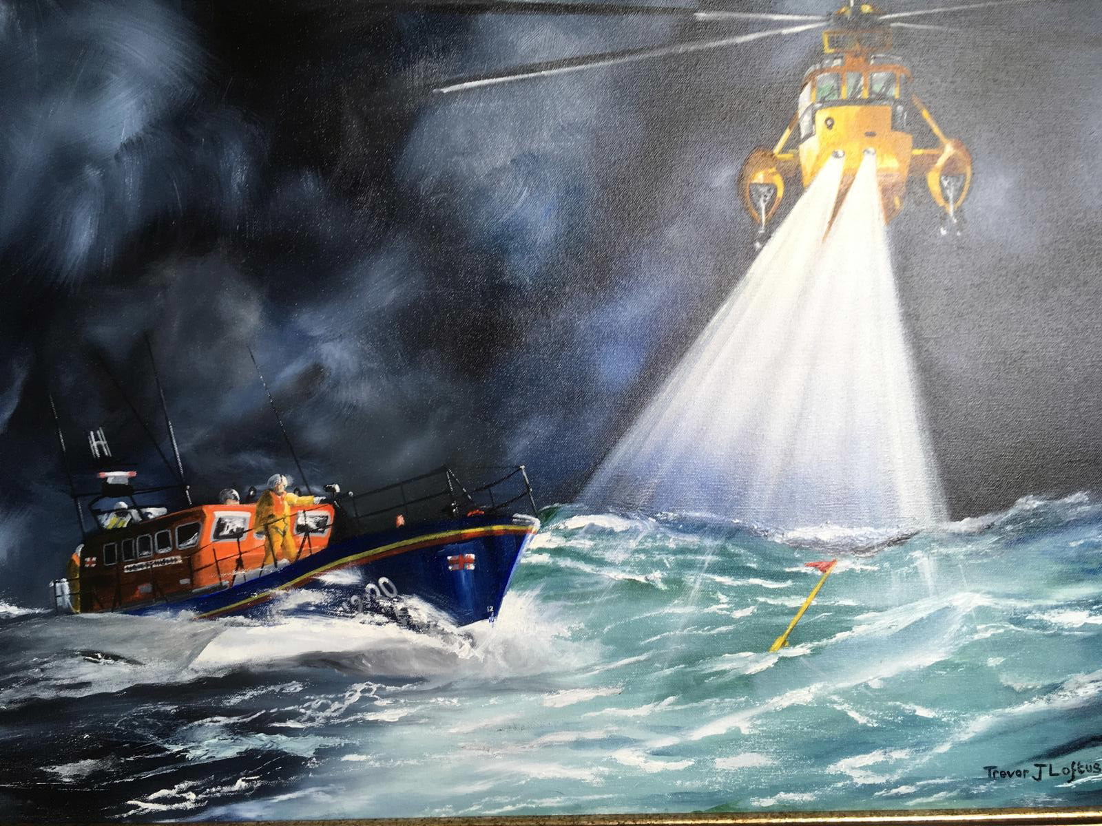 The painting depicting the Her Majesty the Queen with a Sea King helicopter