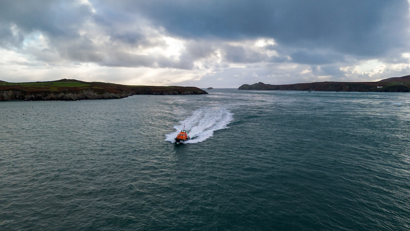 An aerial drone shot of St Davids Tamar class lifeboat