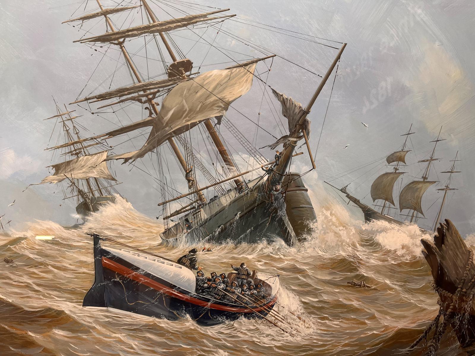 Painting of the Bridlington RNLI Lifeboat 'Robert Whitworth' during the Great Gale, by artist Don Micklethwaite on display at Bridlington Lifeboat Station.