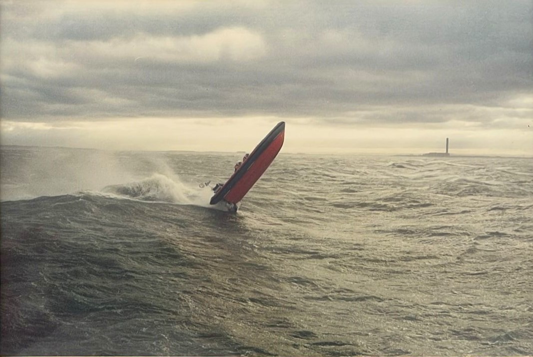 B-567 Percy Garon II leaping off a wave in stormy seas 3 January 1999 