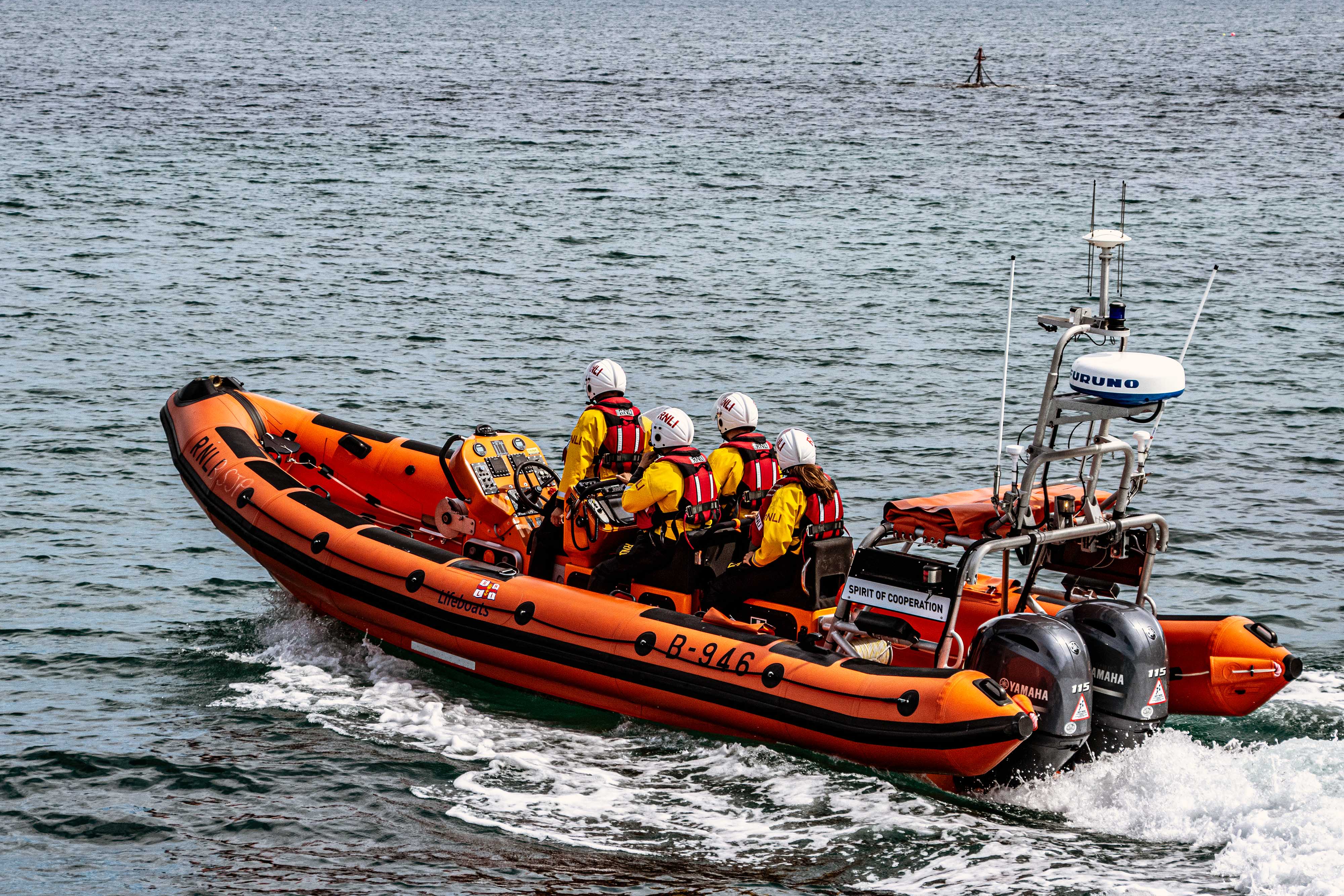 Stock image of the charity’s relief Atlantic 85, B-946, Spirit of Cooperation leaving Looe
