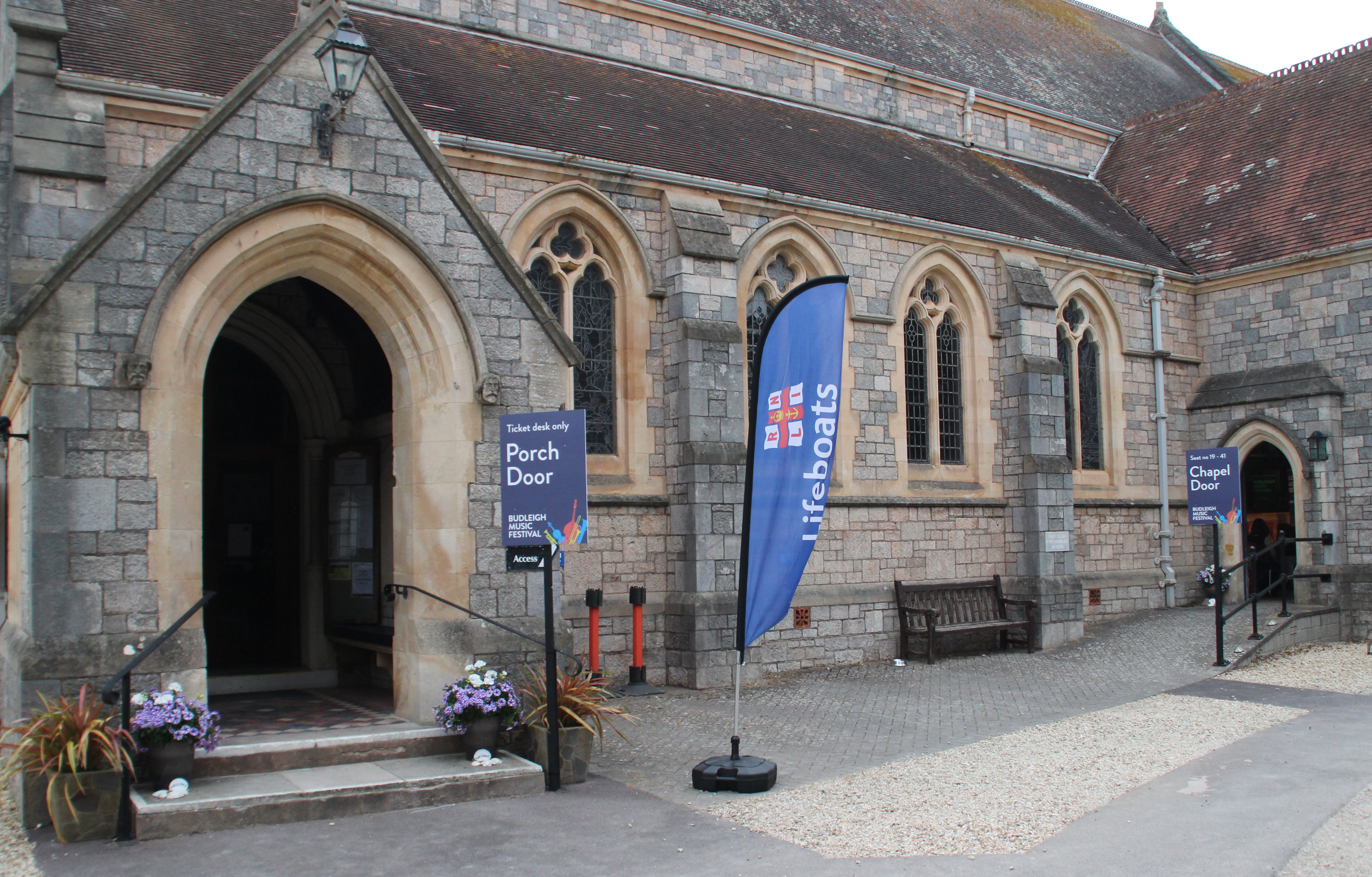 Entrance to the Budleigh Music Festival RNLI benefit concert at St Peter's Church, Budleigh Salterton