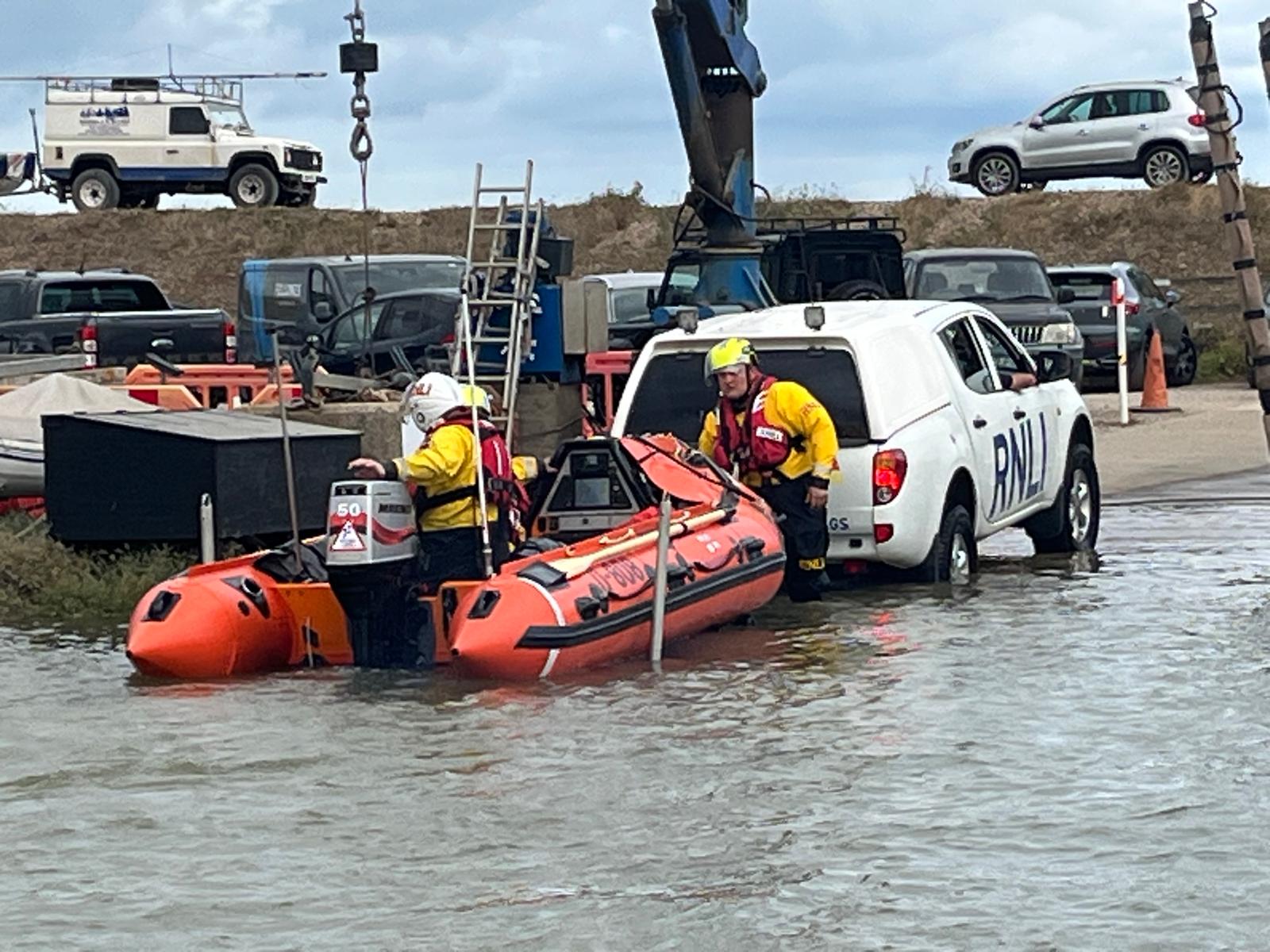 RNLI Aldeburgh launching their D-Class Susan Scott into the river Alde and Ore at Aldeburgh Yacht Club, by Lizzie Clark