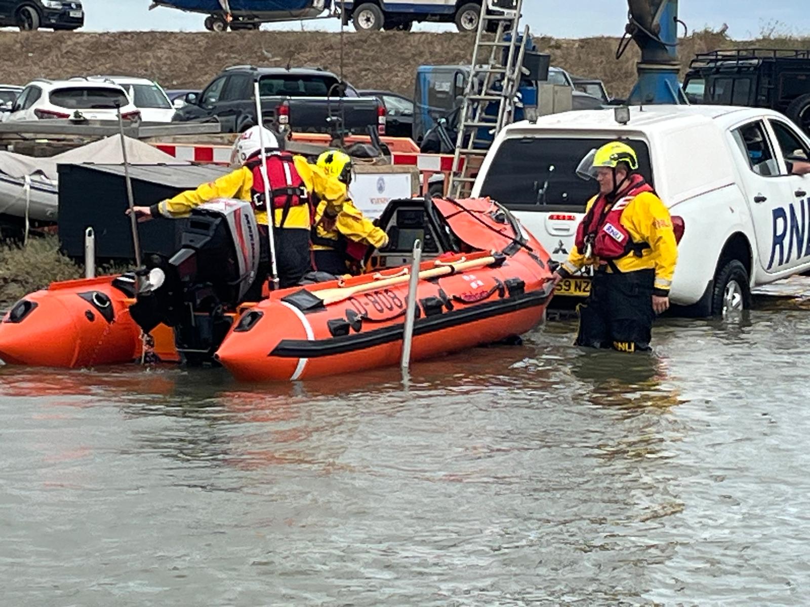 RNLI Aldeburgh launching their D-Class Susan Scott into the river Alde and Ore at Aldeburgh Yacht Club, by Lizzie Clark
