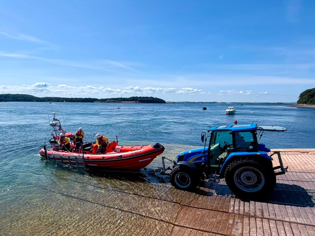 Portaferry RNLI volunteer crew launching the stations Atlantic 85 inshore lifeboat on Sunday afternoon