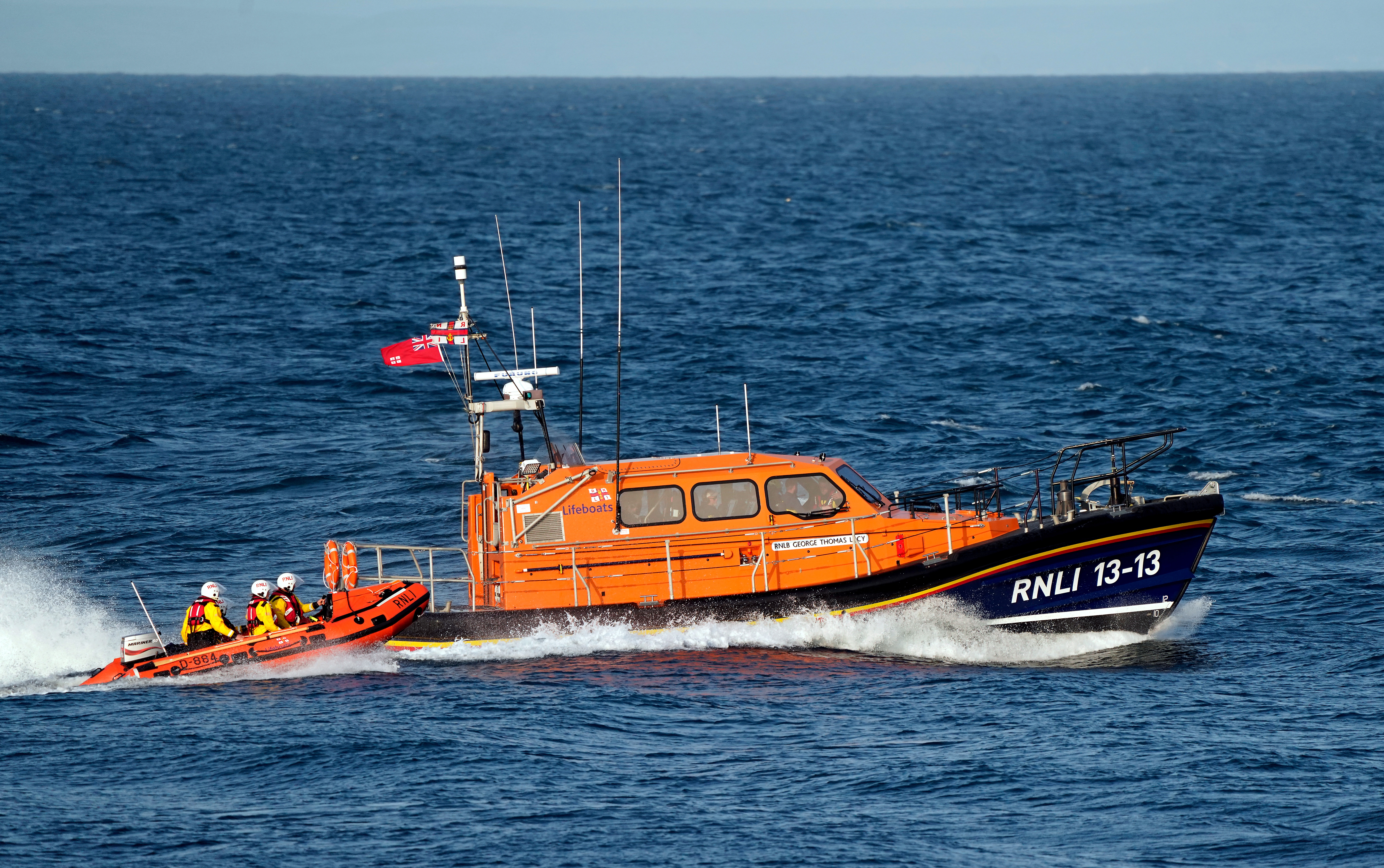 Both Swanage lifeboats at sea in Swanage Bay
