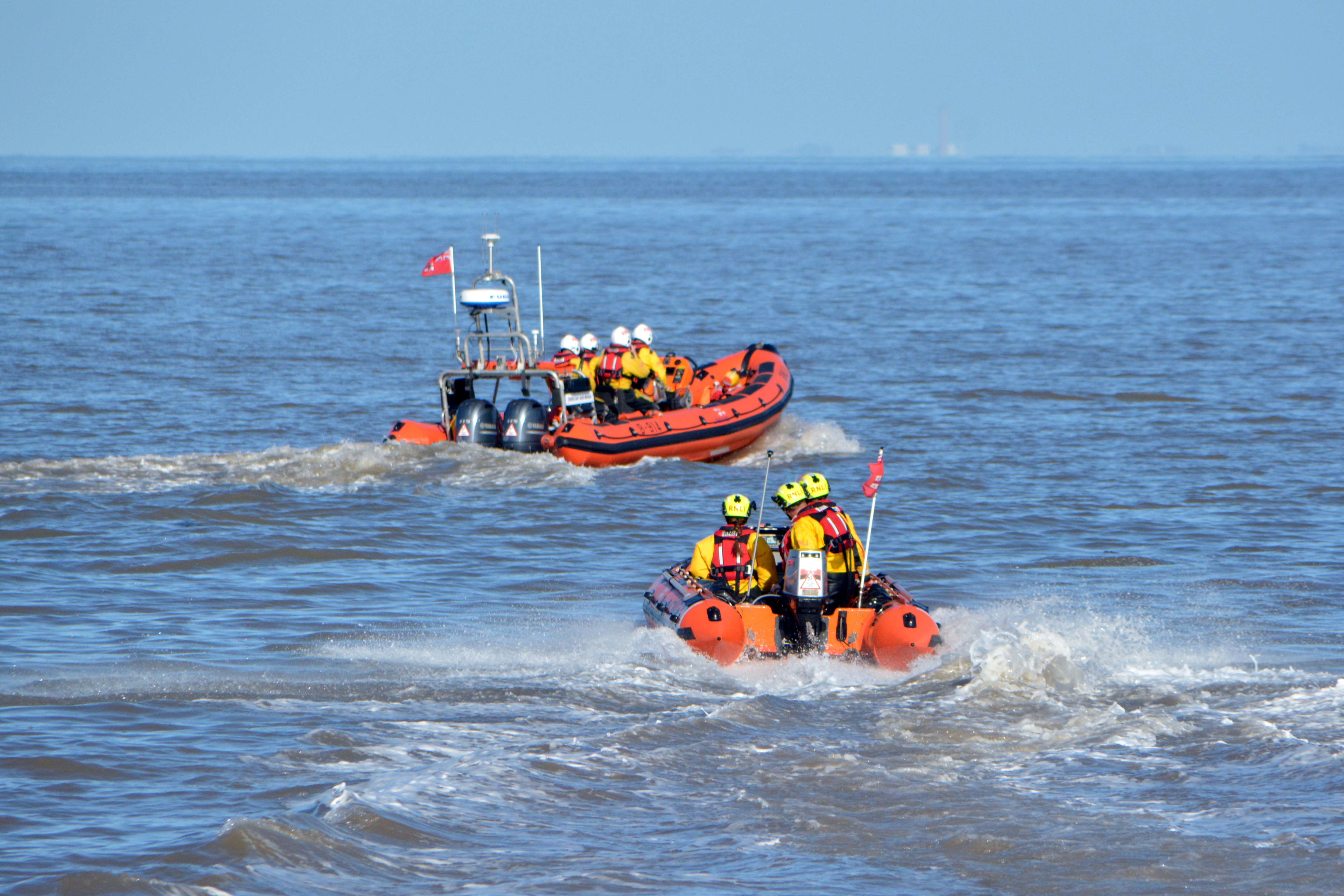A library photograph of both Burnham-on-Sea RNLI Lifeboats launching from Burnham beach