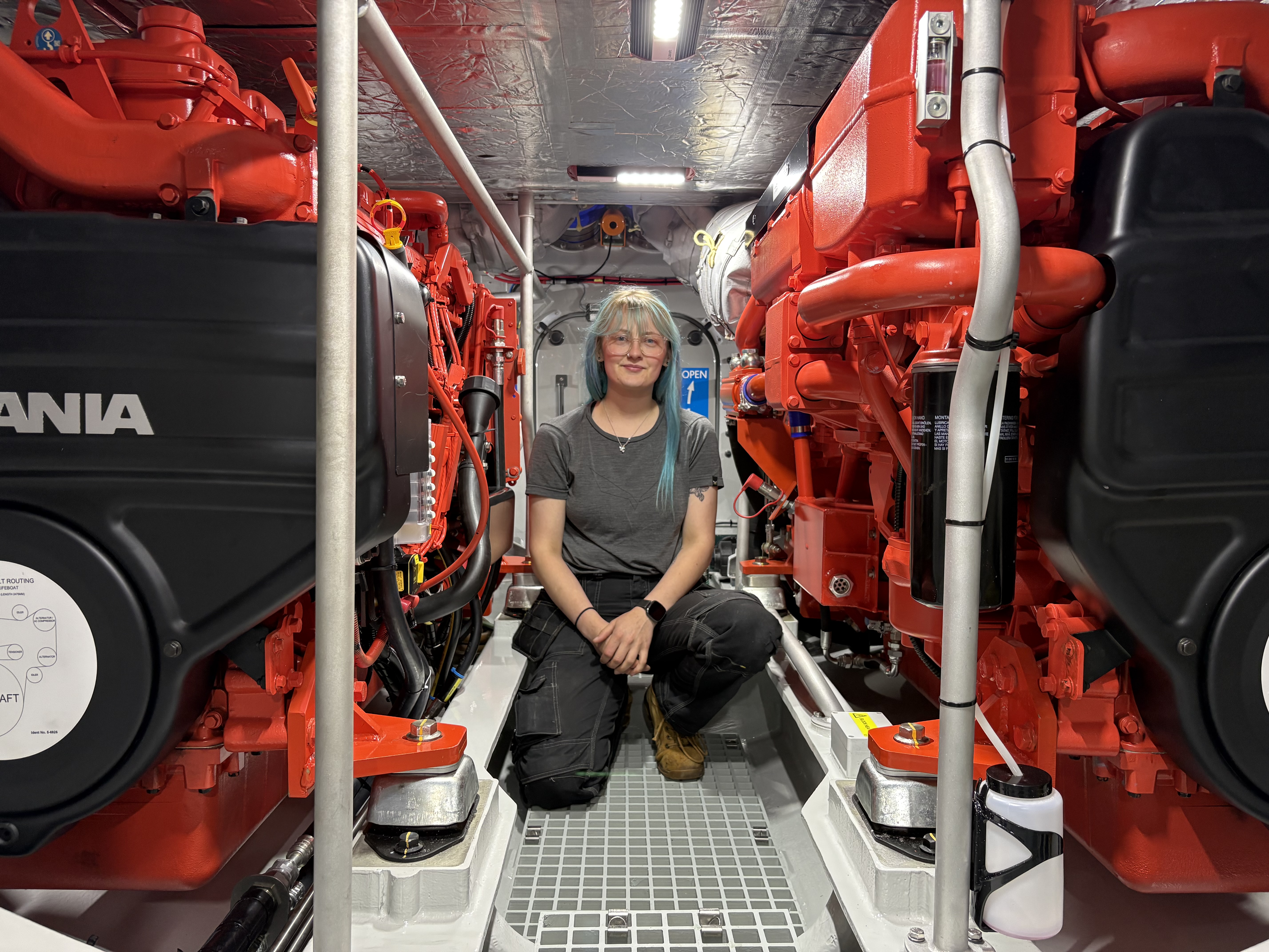 Ellie pictured in the engine room of RNLB Peter and Mary