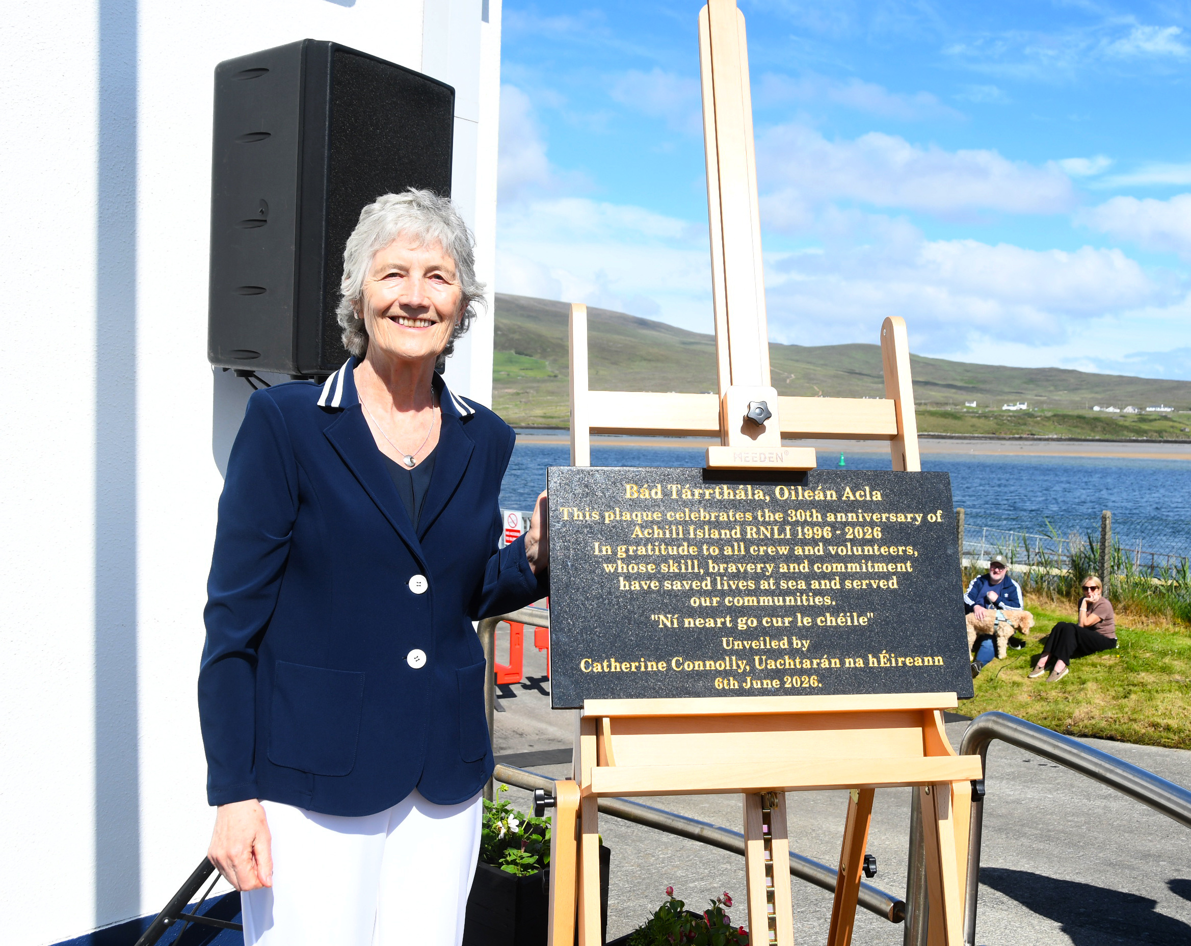 President of Ireland Catherine Connolly unveils a commemorative plaque for Achill Island RNLI's 30th anniversary