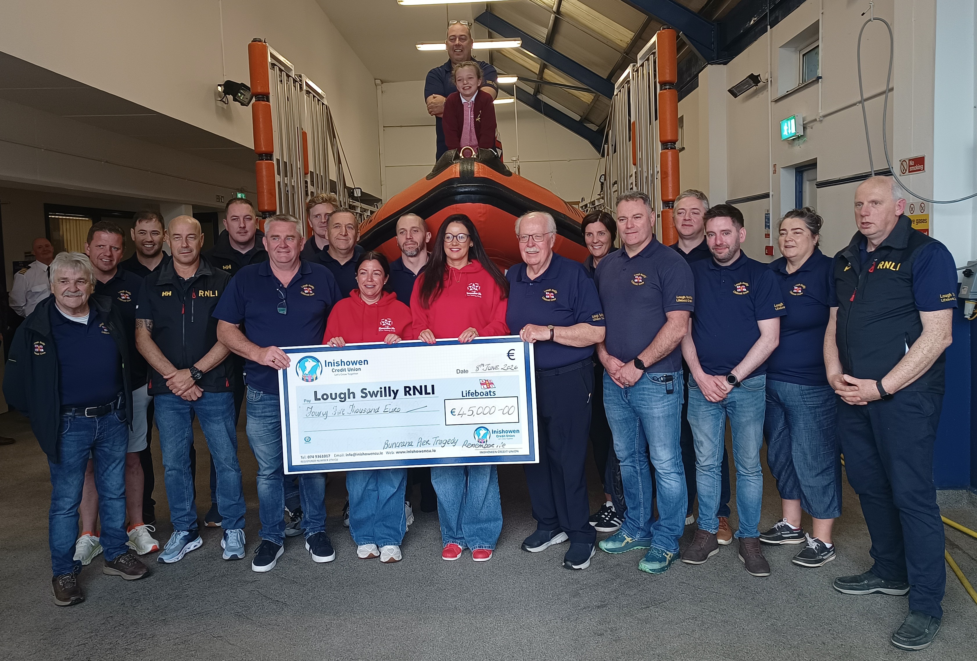 RNLI Volunteers receiving cheque for €45,000 from Louise James on behald of the Remember Me Campaign