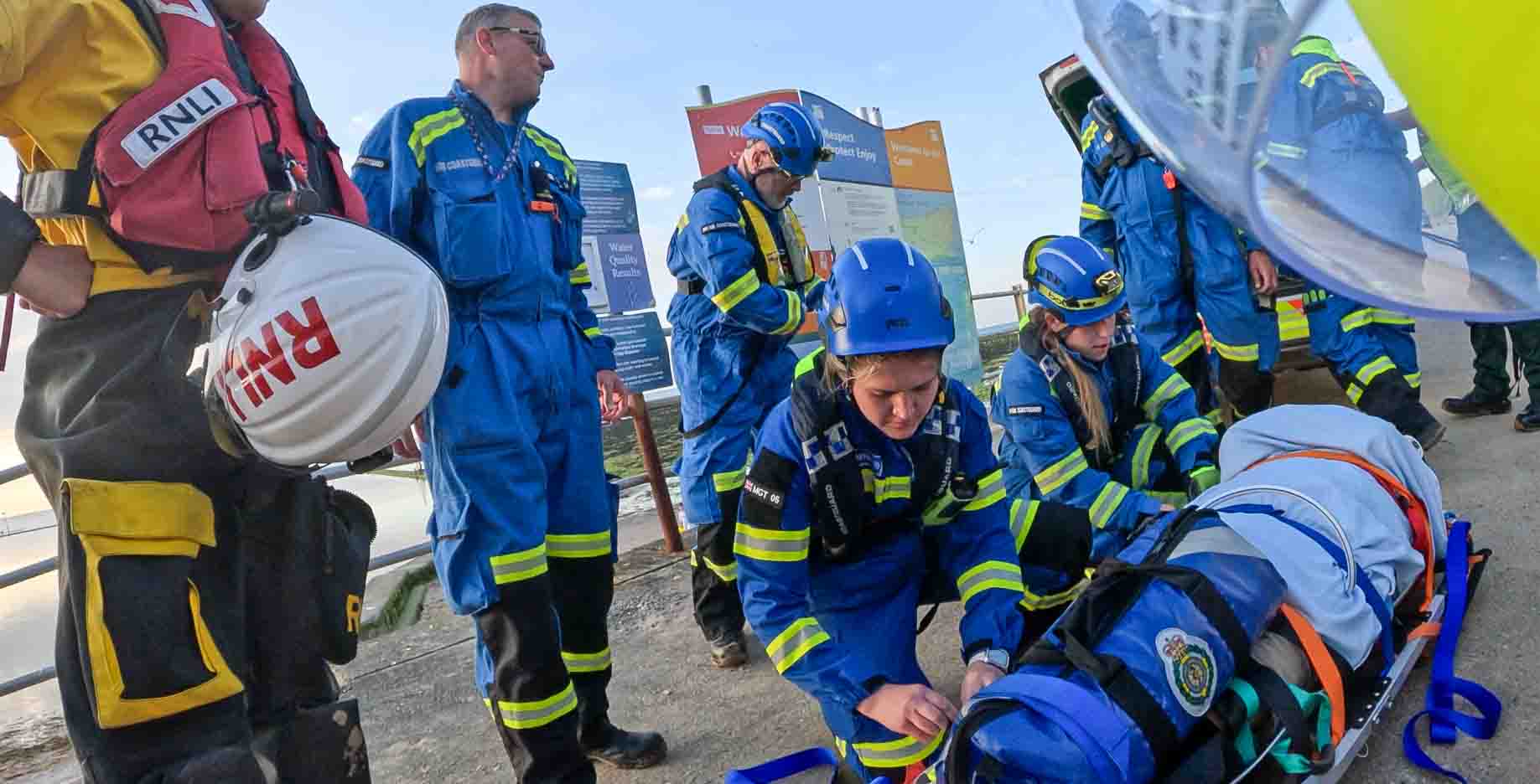 The casualty is prepared for transfer to the ambulance (RNLI Margate)