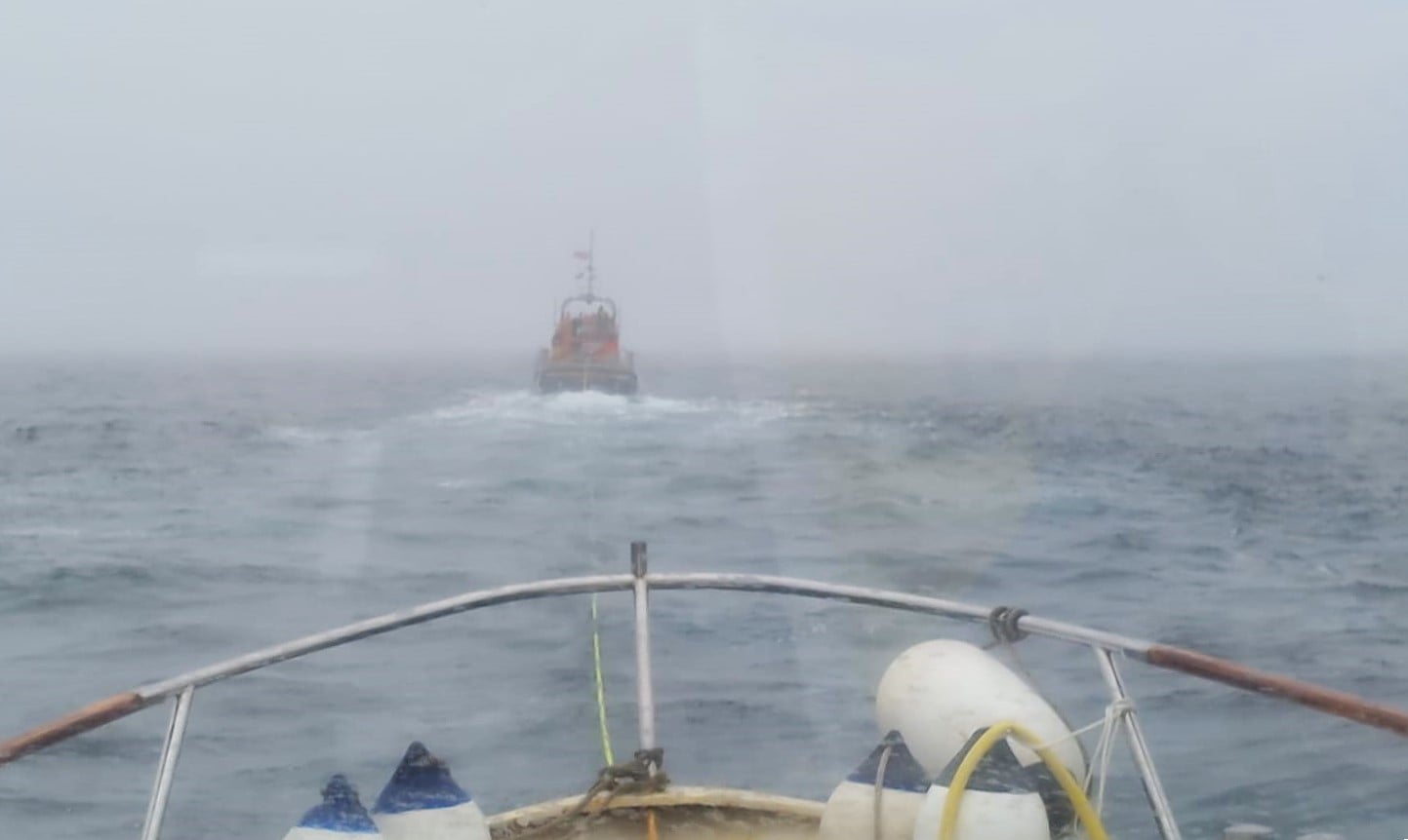 Sennen Cove Tamar class lifeboat Towing the casualty vessel in fog on 16.06.26. Taken by RNLI volunteer Richard Puddiphatt from the casualty vessel.