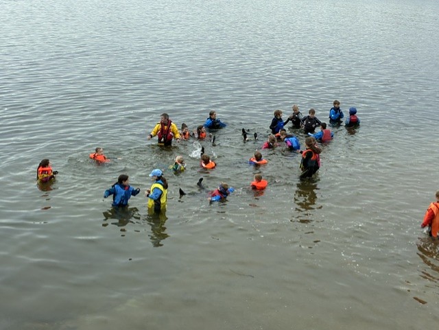 Children and crew in water