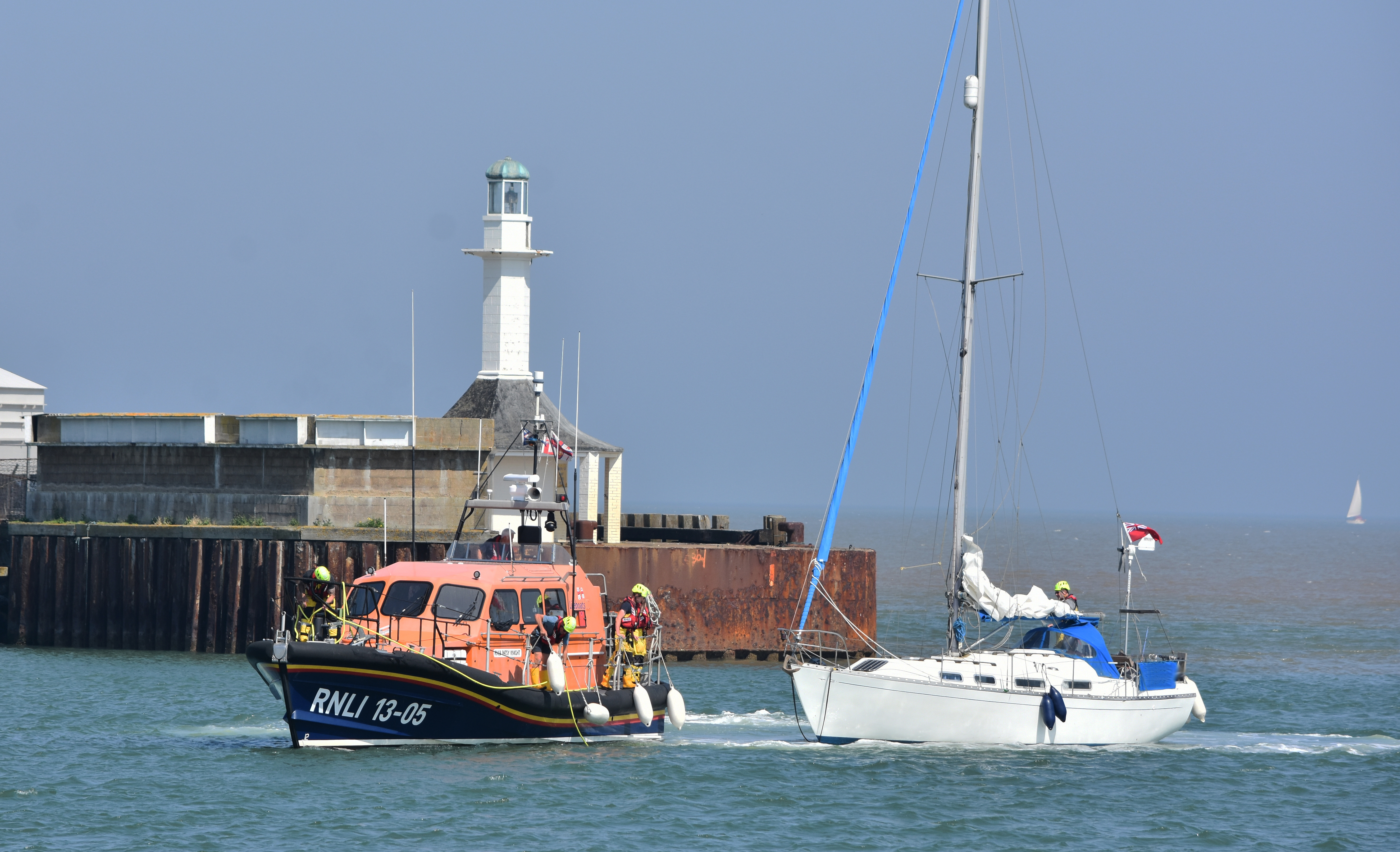 Lowestoft RNLI lifeboat towing the stranded yacht