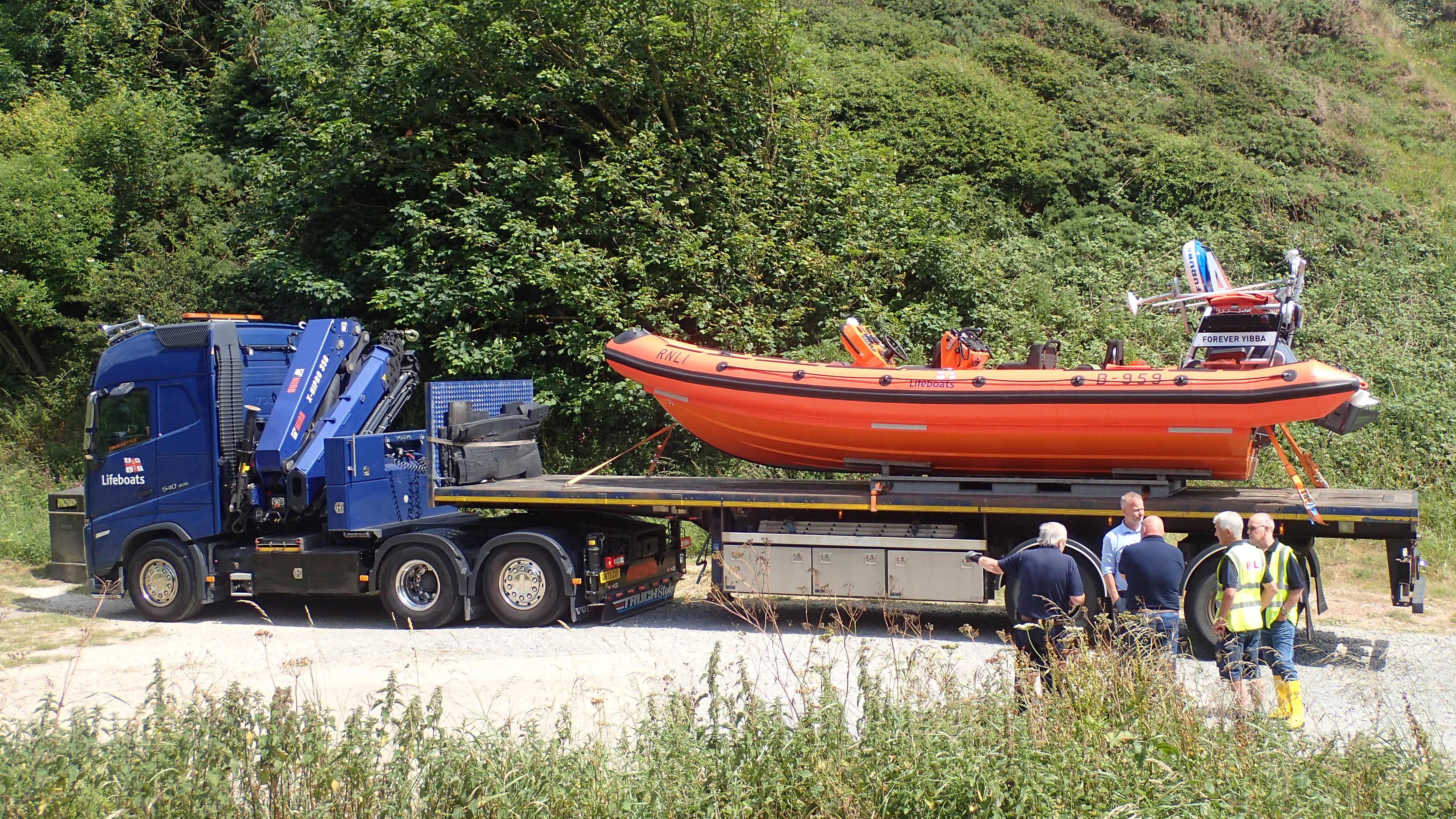 Boat on low loader at South Landing