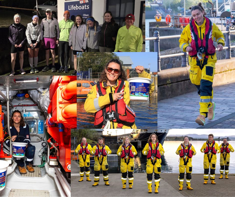 A collage of photos of Jasmin in the engine space of the lifeboat, posing with other crew members in front of the lifeboat, and alongside other run club runners