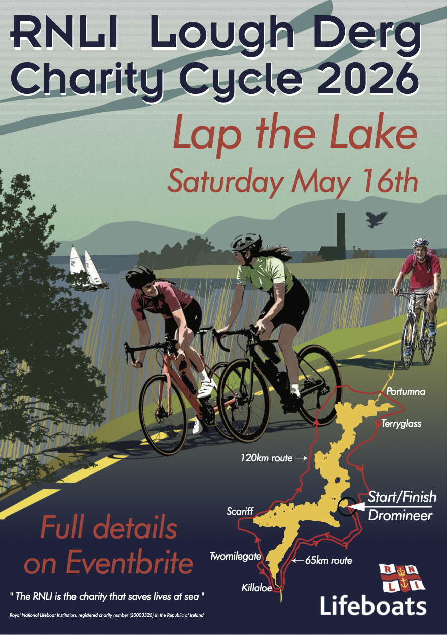 Poster with 3 cyclists and text details of the RNLI charity cycle with a drawing of Lough Derg
